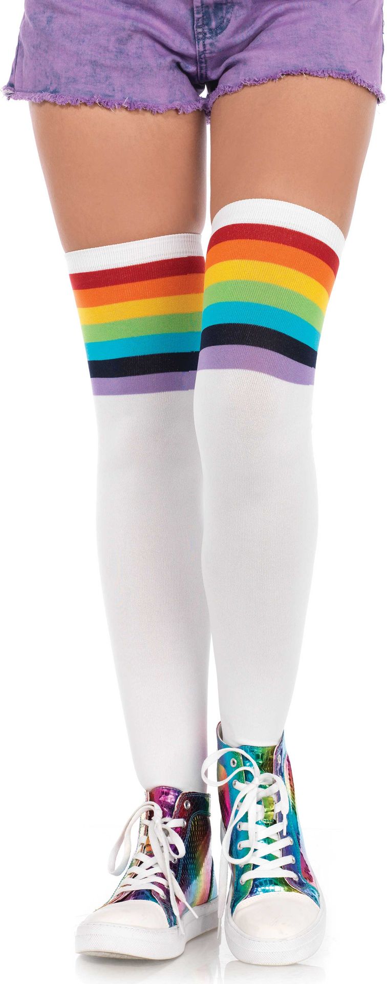 Witte Kniekousen met Regenboog Strepen