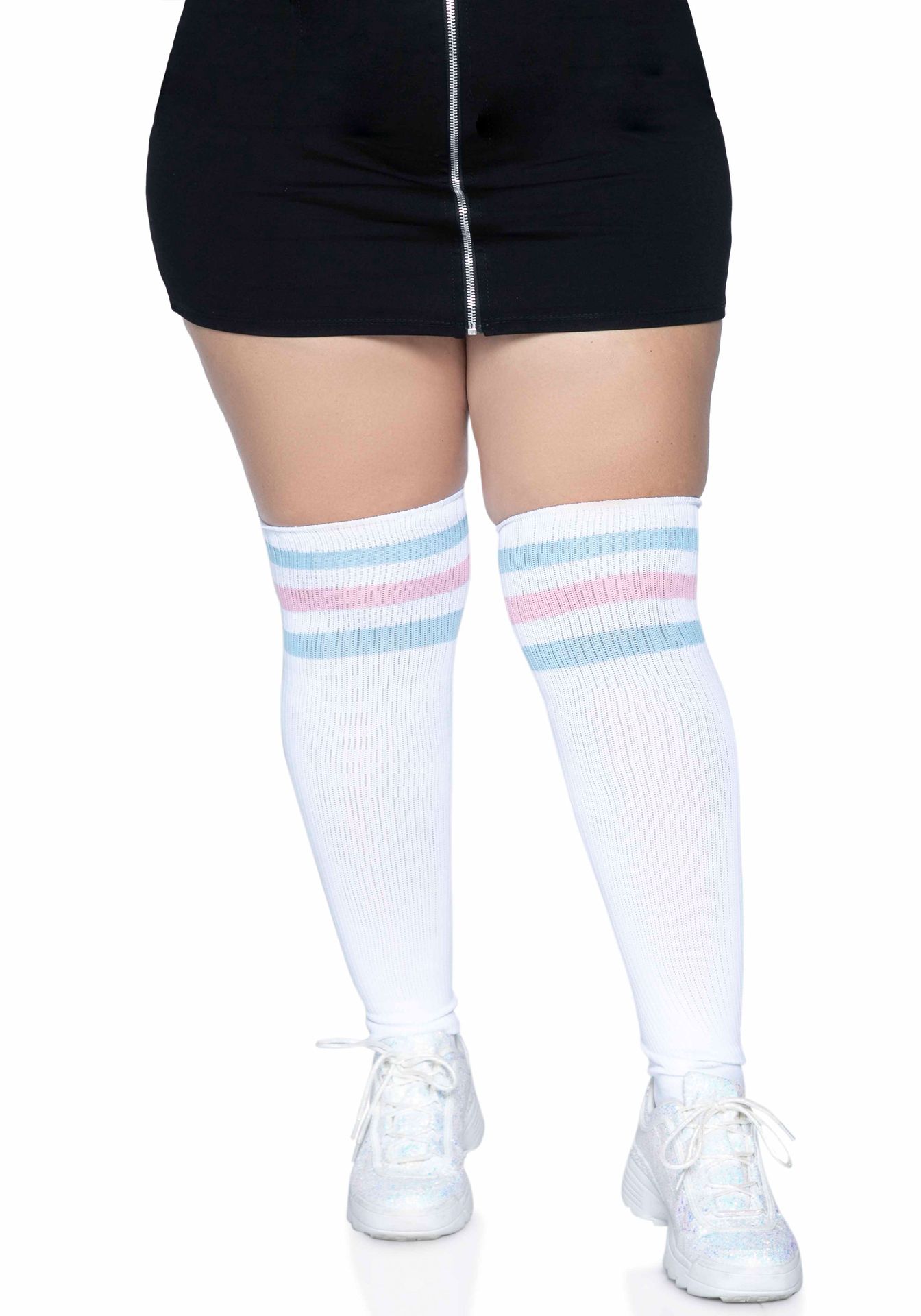 Witte Plus Size Kousen met Blauw Roze Strepen