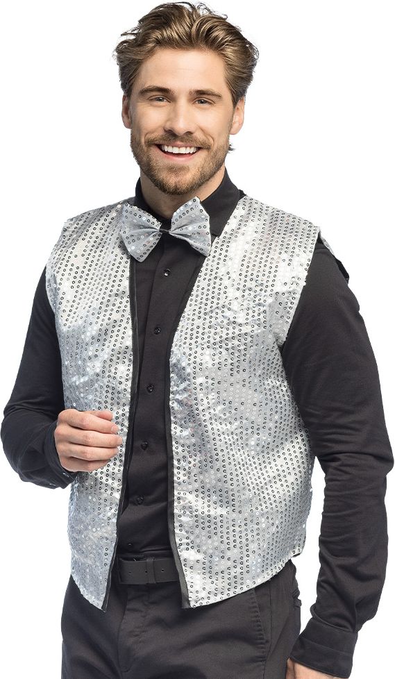 Zilver Glitter Kostuumset Heren Met Gilet En Vlinderstrik