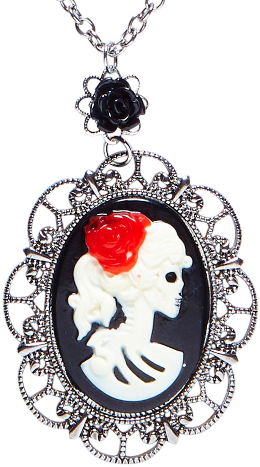 Zilveren Dia De Los Muertos Ketting met Roos en Schedel