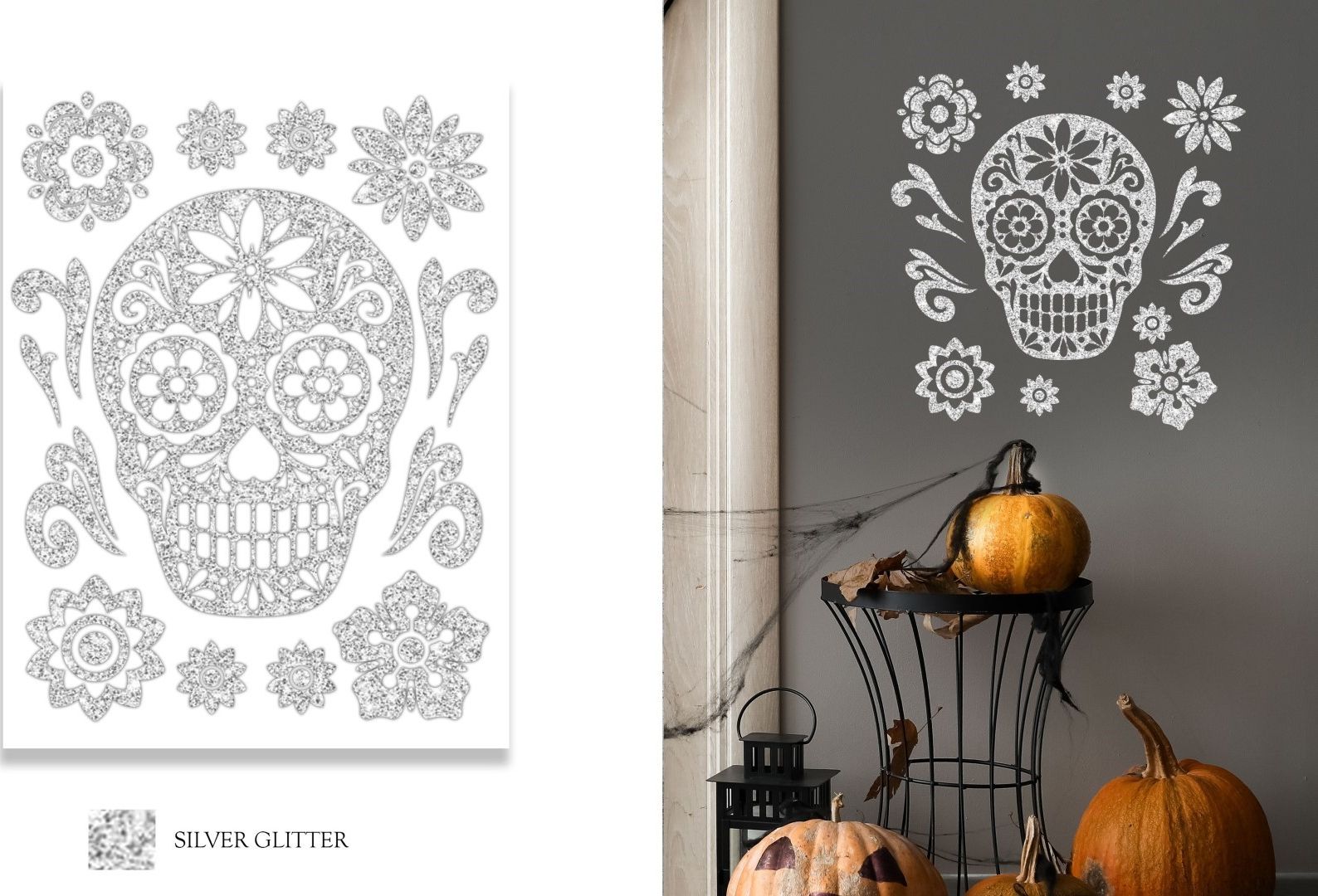 Zilveren Glitter Muursticker Doodskop