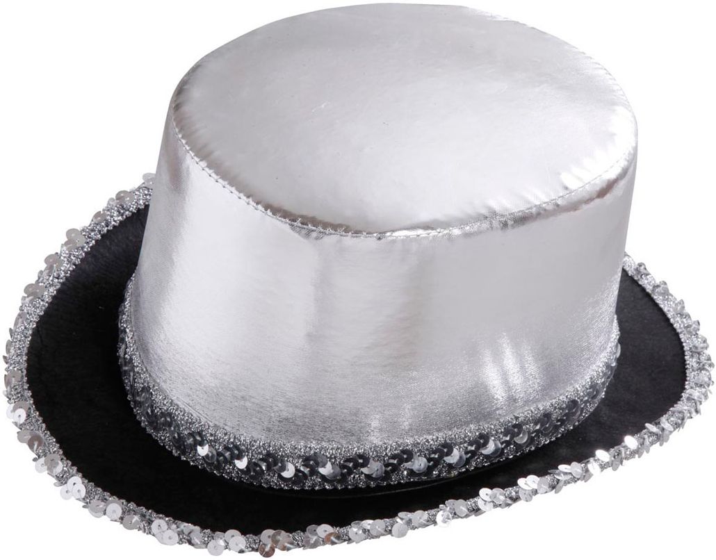 Zilveren hoge hoed met pailletten rand