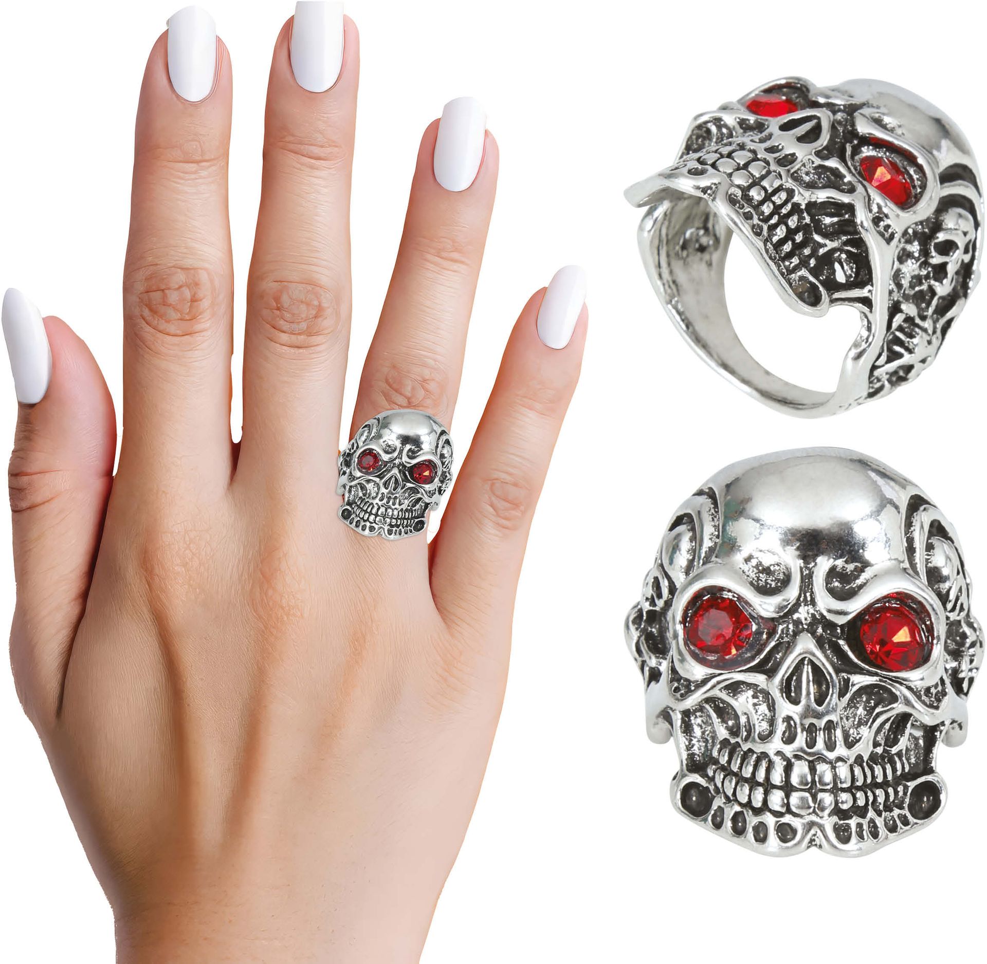 Zilveren Schedel met Rode Ogen Ring