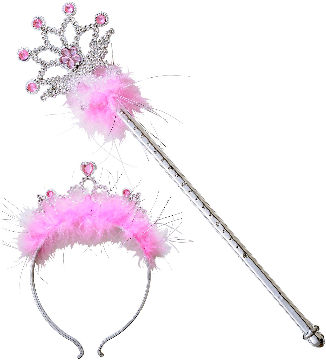 Zilveren Tiara en Staf met Roze Juwelen en Marabou