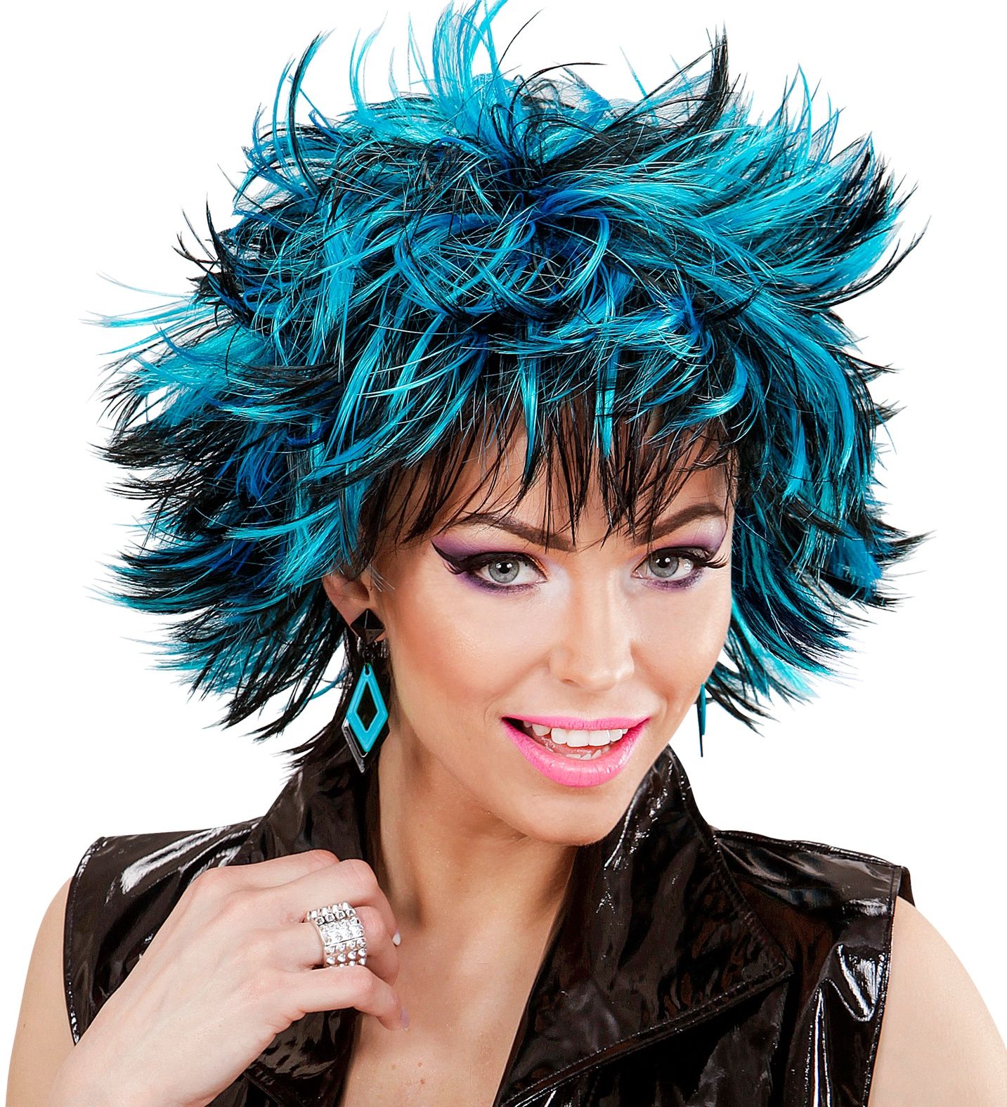 Zwart-Blauwe Wilde Disco Pruik