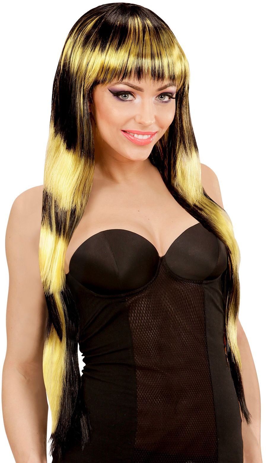 Zwart-geel gestreepte pruik lang haar