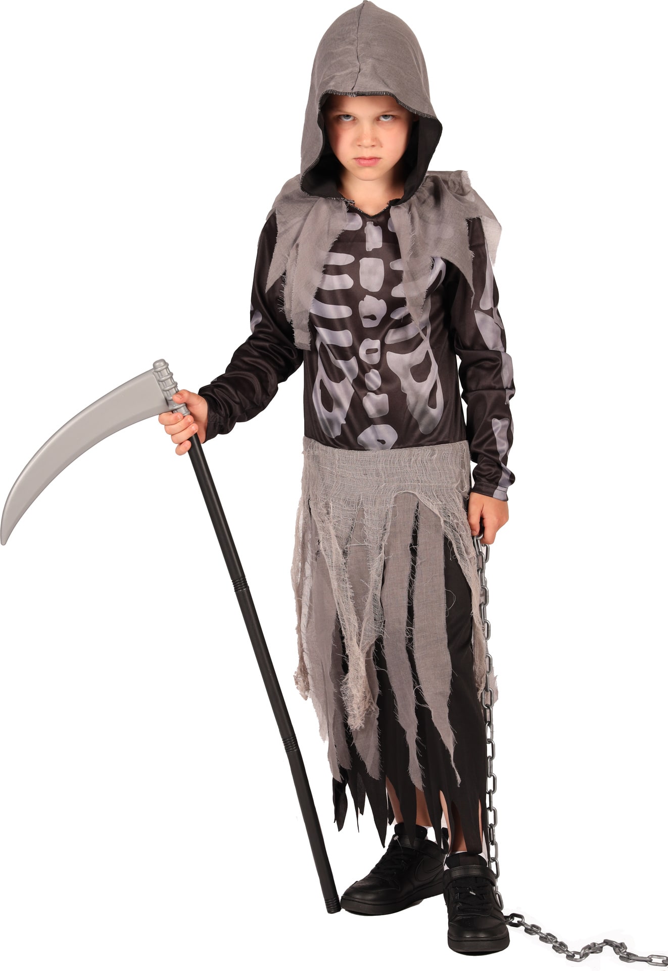 Zwart Grijze Magere Hein Kostuum Jongens Halloween
