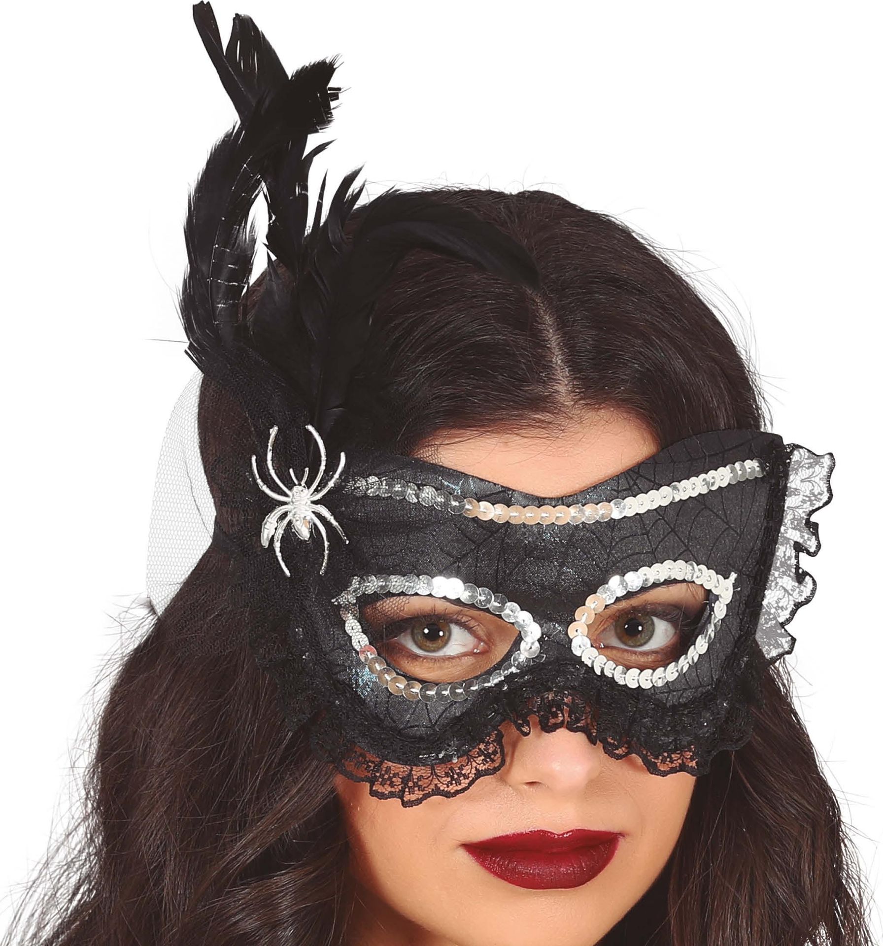 Zwart Masquerade Masker Spin en Veer