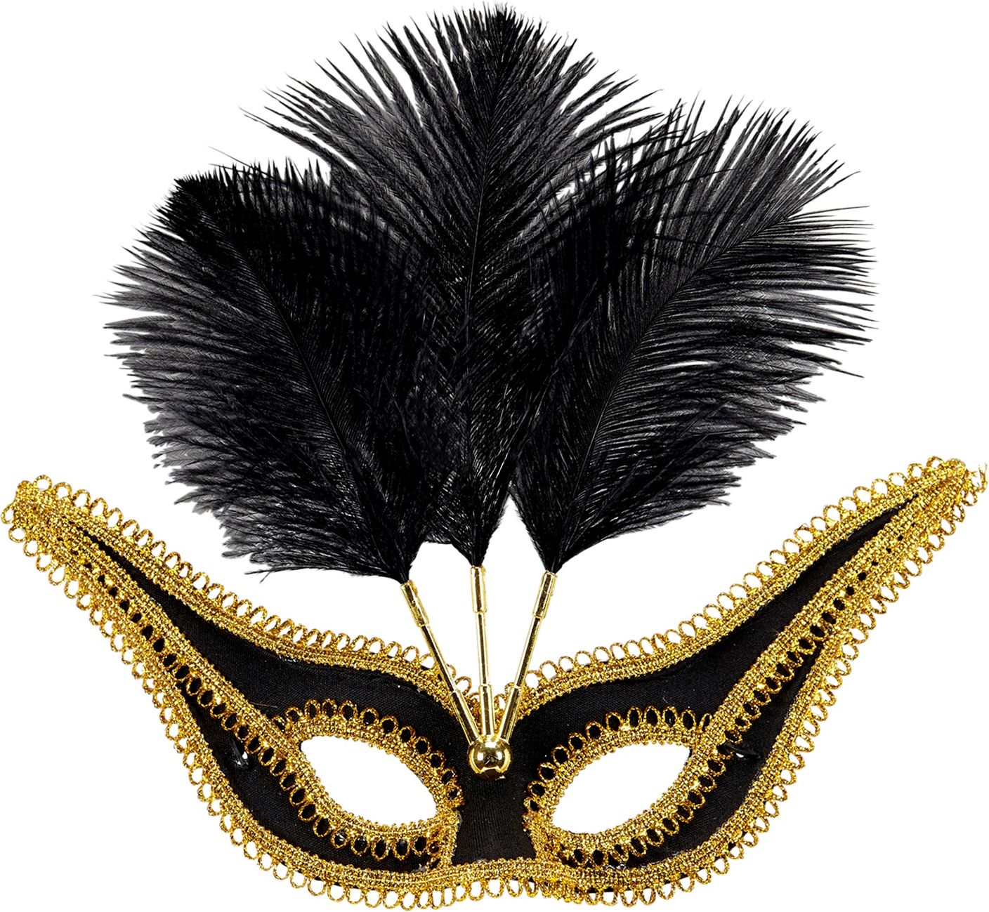 Zwart Oogmasker met Gouden Rand en Veren