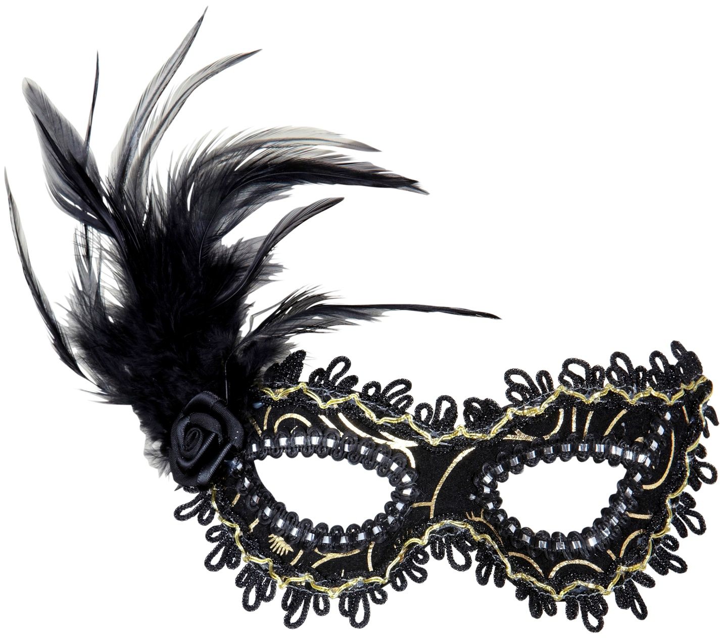 Zwart Oogmasker met Roos en Veren