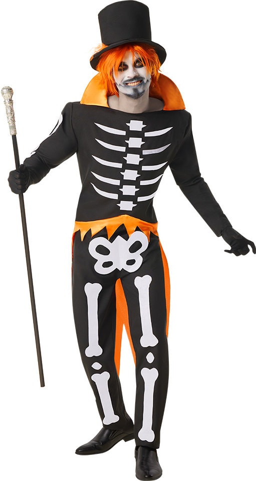 Zwart Oranje Halloween Skelet Kostuum Heren