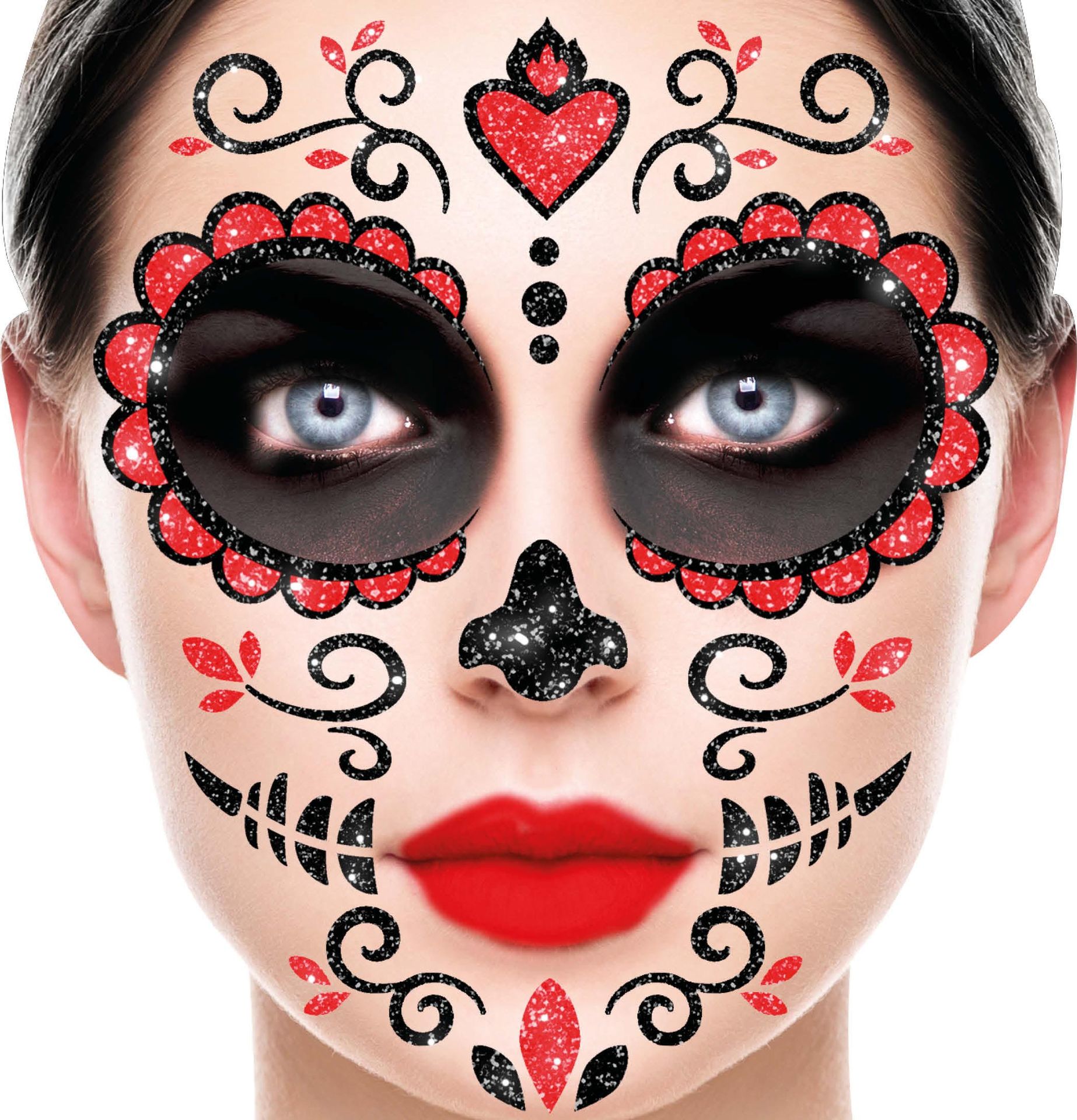 Zwart Rood Dia De Los Muertos Glittermasker