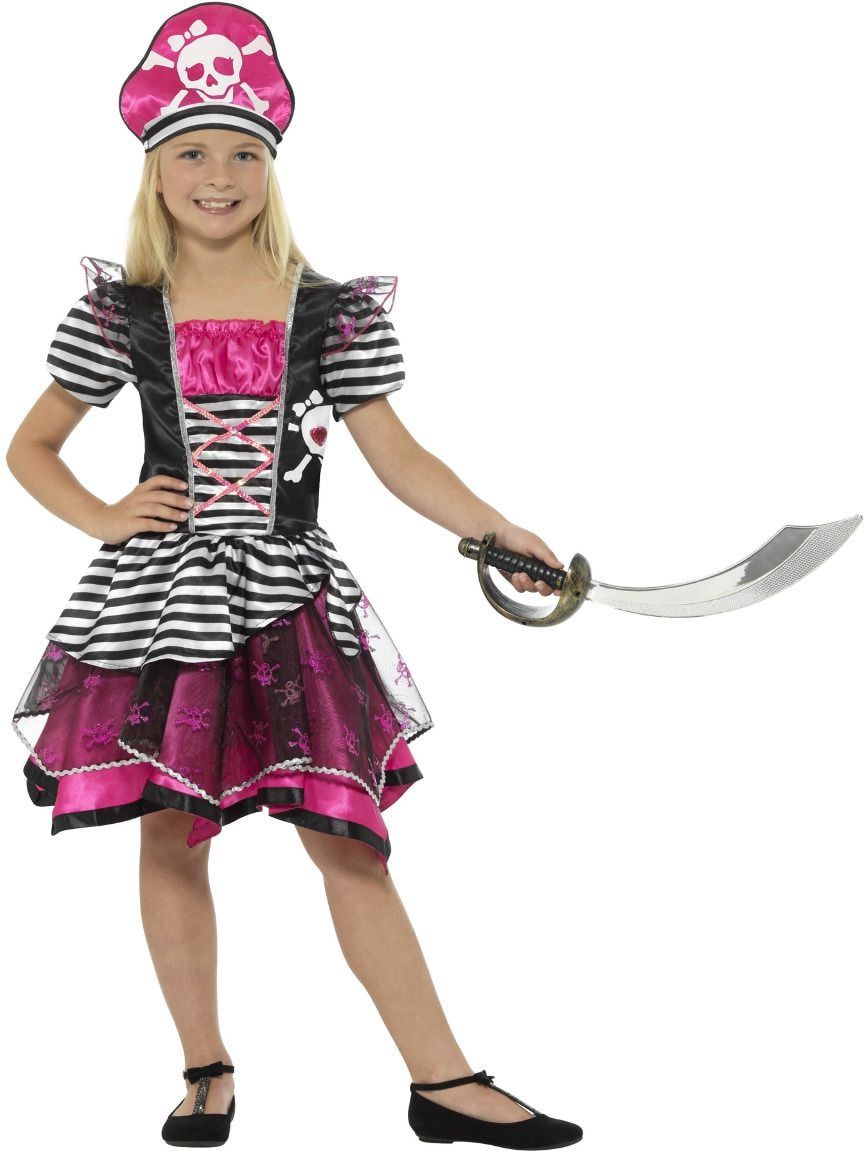 Zwart roze piraat meisjes kostuum