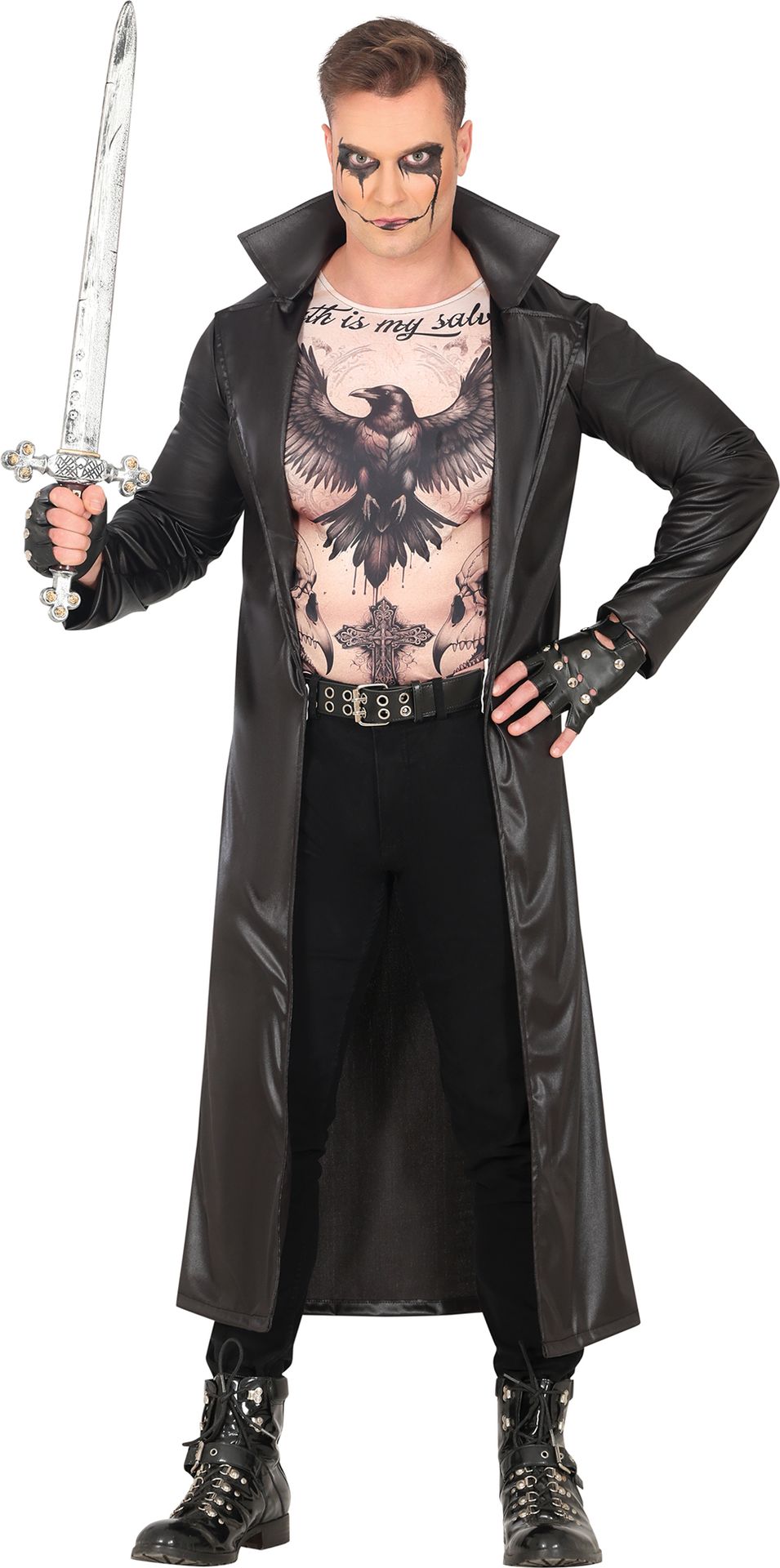 Zwart Vampierjager Kostuum met Tattoo Shirt Volwassenen