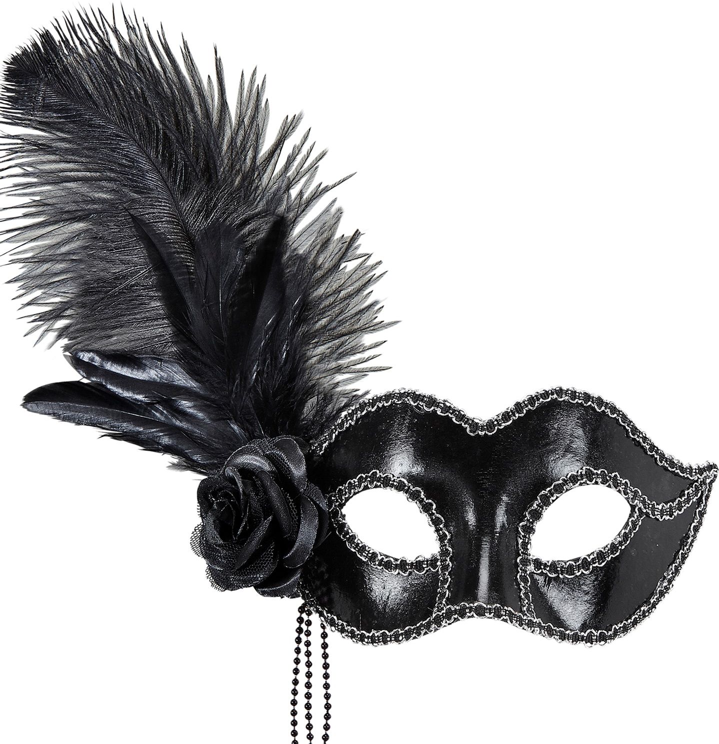 Zwart Venetiaans Oogmasker met Veren en Roos