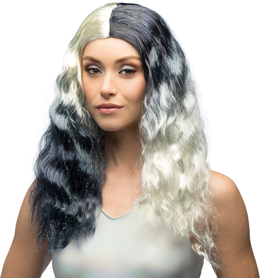 Zwart Witte Galaxy Pruik Dames Lang Krullend