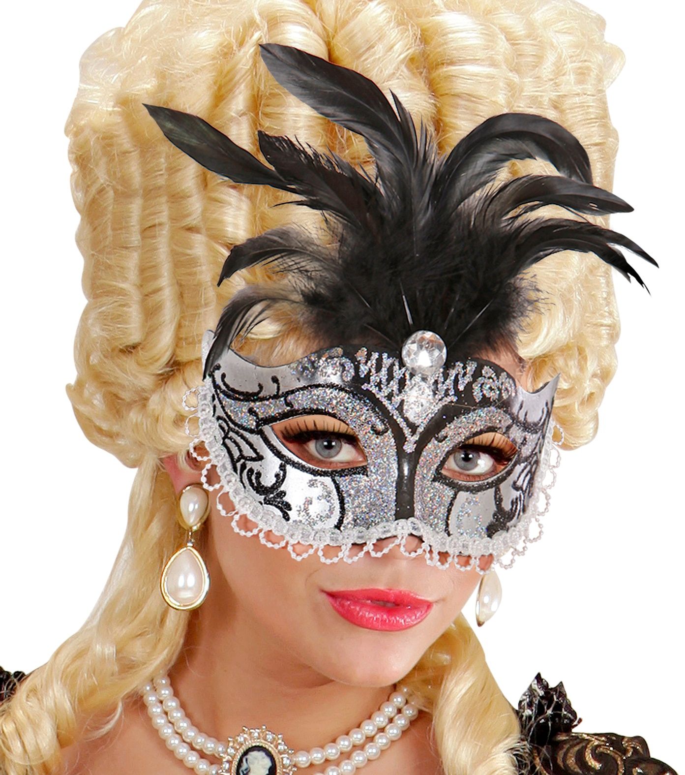 Zwart Zilveren Glitter Oogmasker met Veren