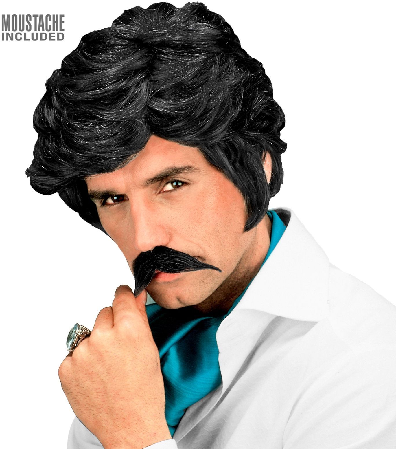 Zwarte 80's Playboy Pruik met Snor