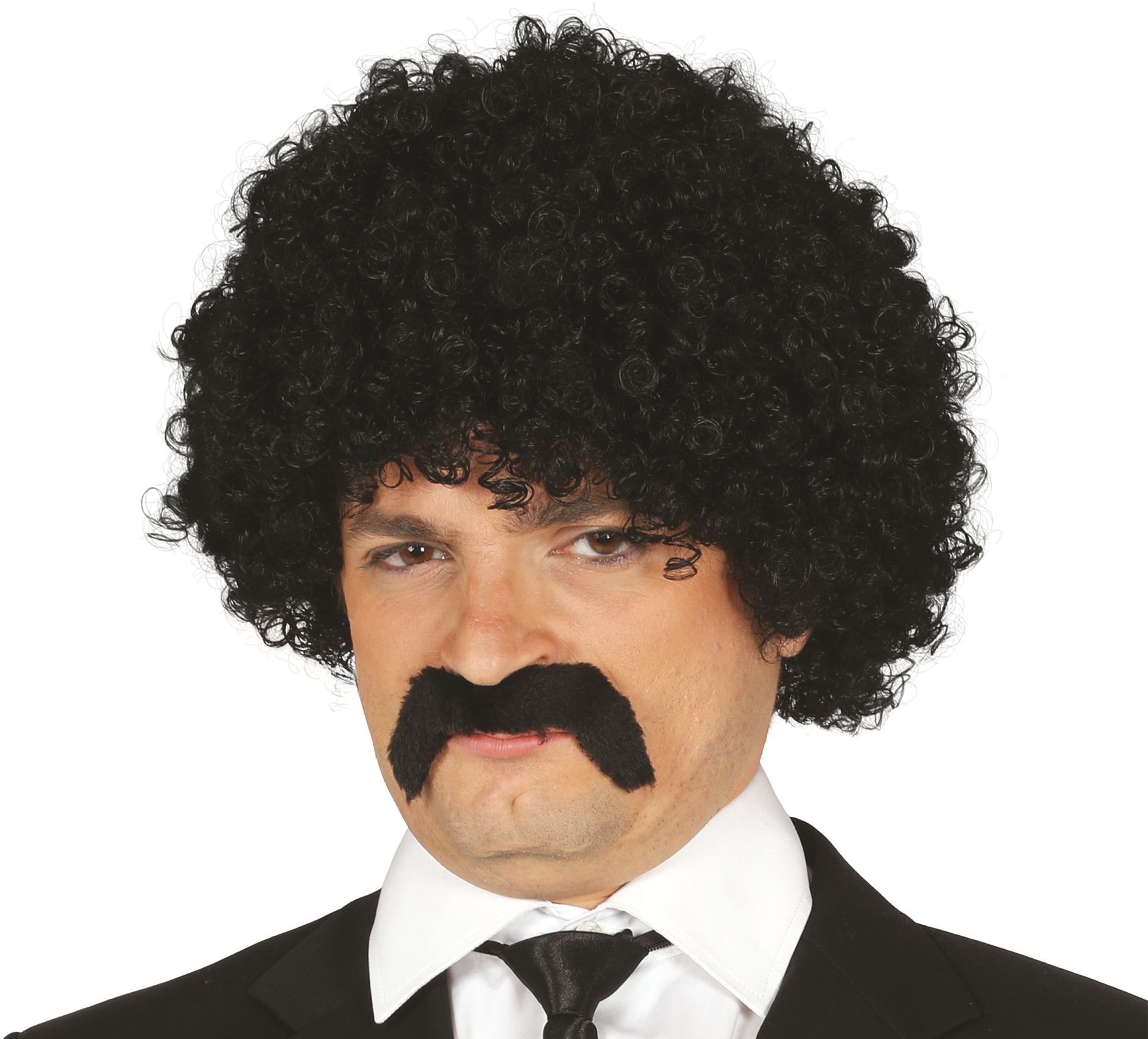 Zwarte Afro Pruik met Snor