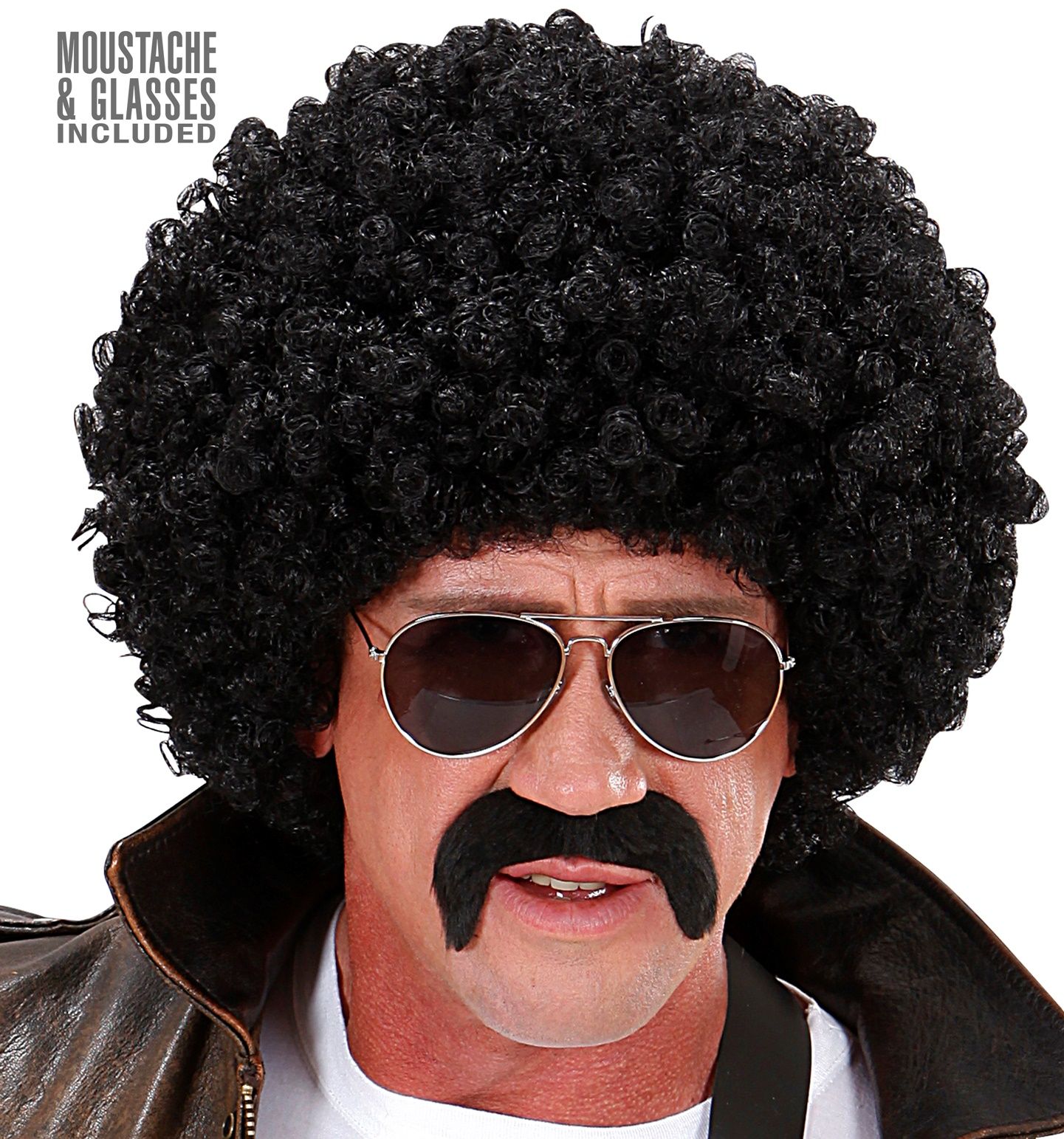 Zwarte Afro Pruik met Snor en Bril