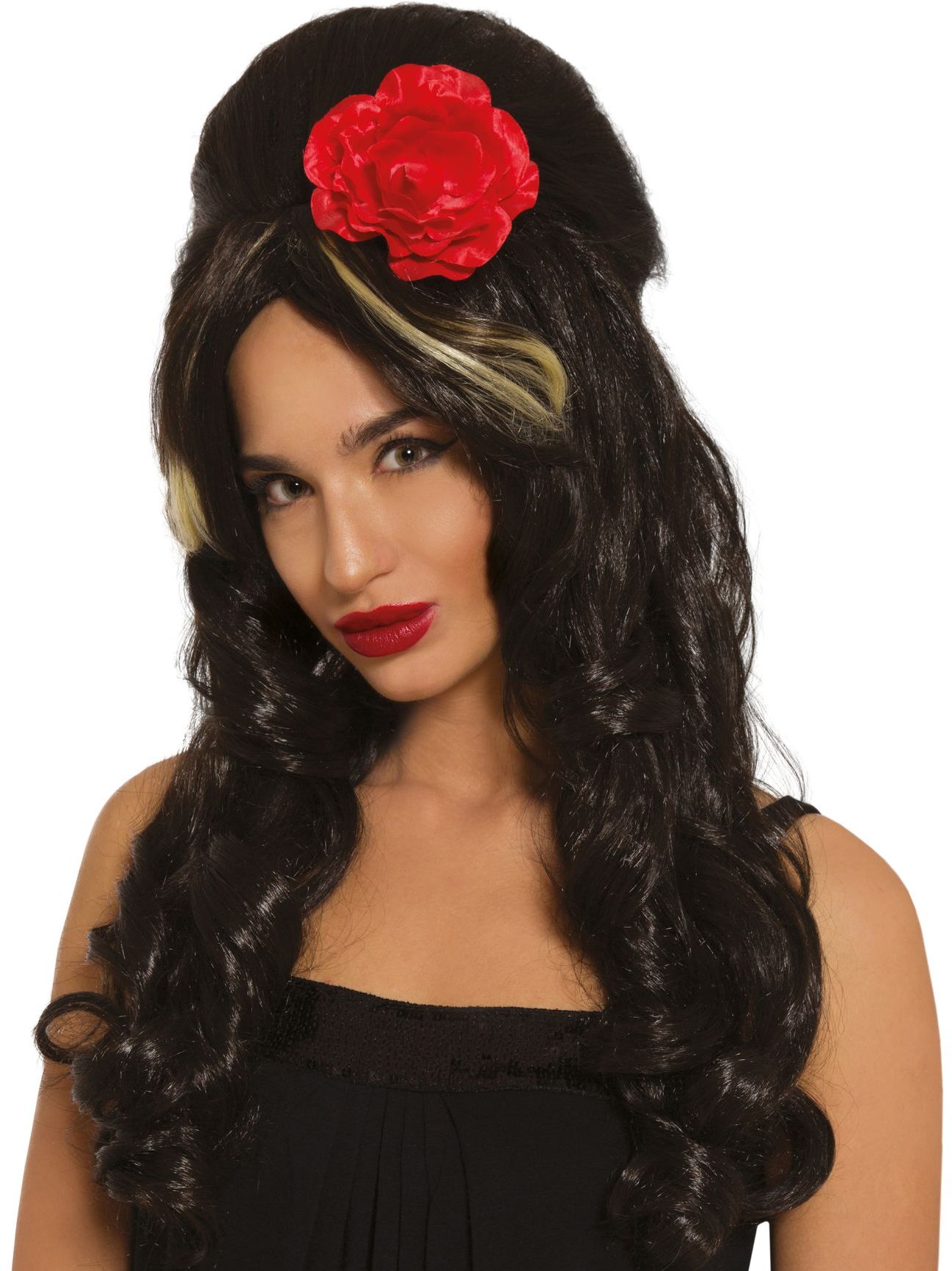Zwarte Amy Winehouse Pruik met Bloem