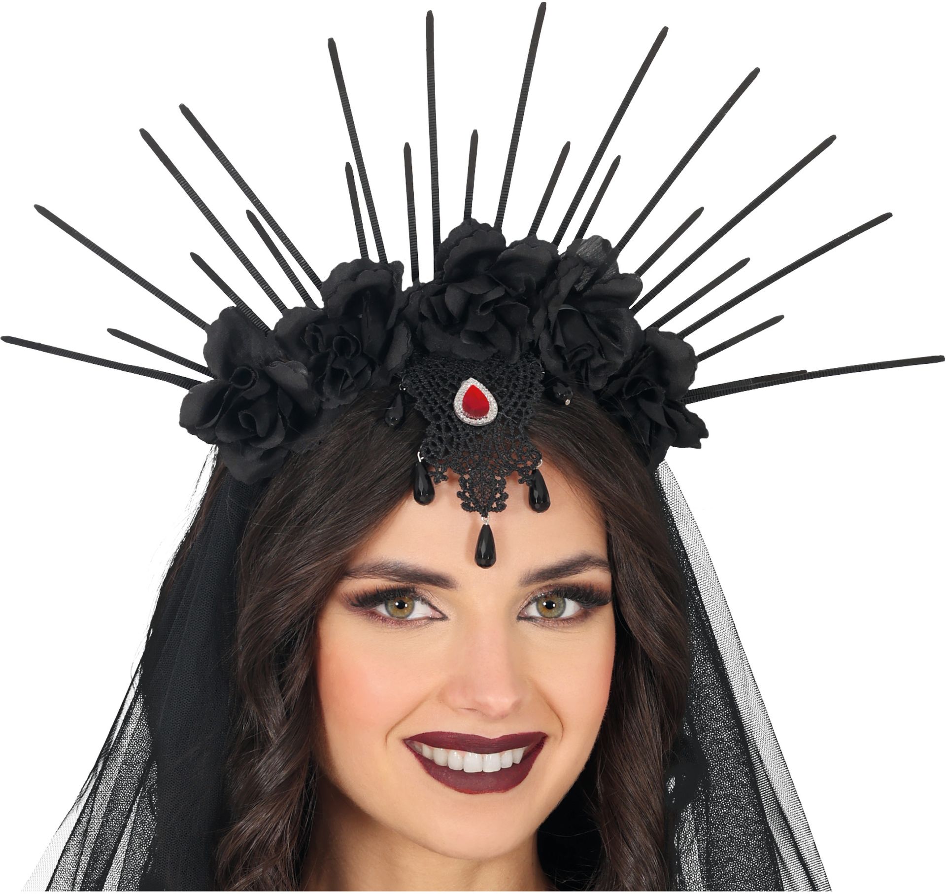 Zwarte Bloemen met Sluier Hoofdband Dia De Los Muertos