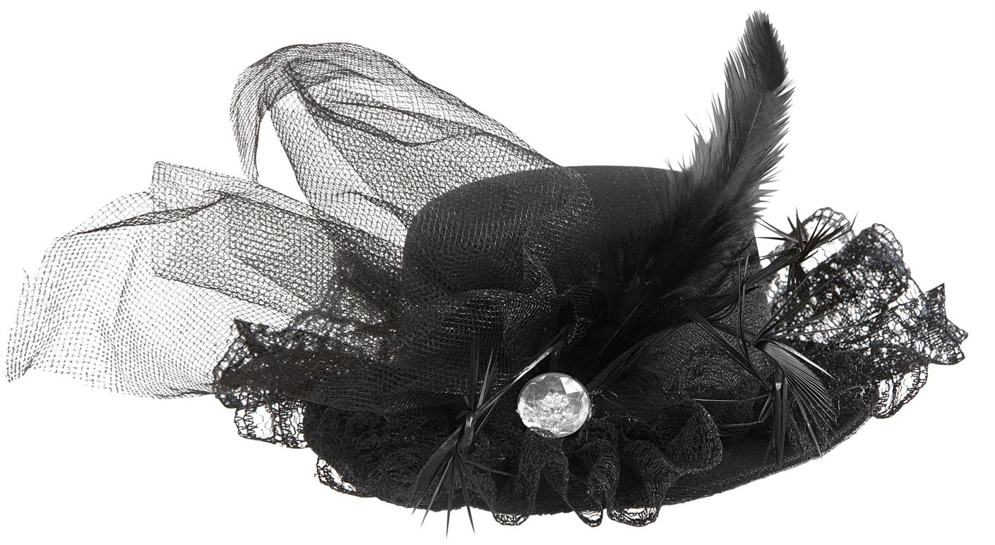 Zwarte Burlesque Mini Hoge Hoed met Juweel