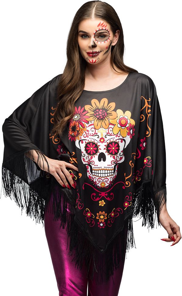 Zwarte Dia De Los Muertos Poncho Dames
