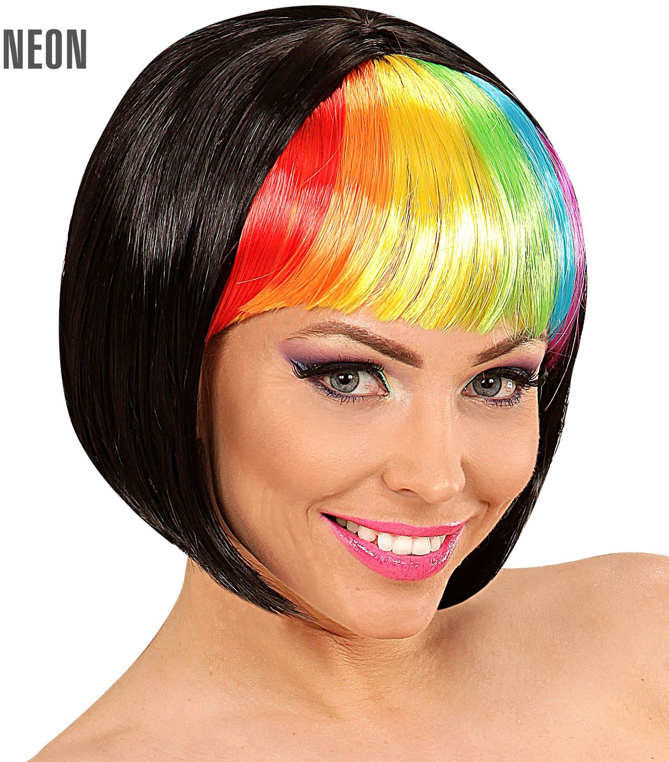 Zwarte Disco Pruik met Regenboog Pony