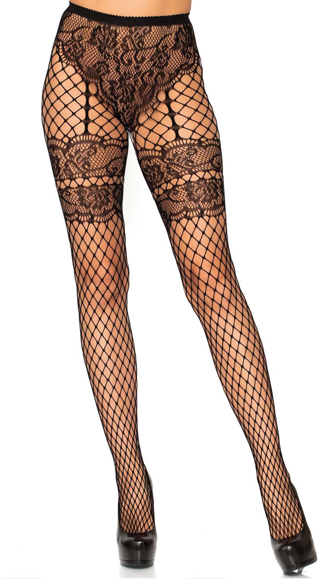 Zwarte Elegante Visnet Panty met Kant Details