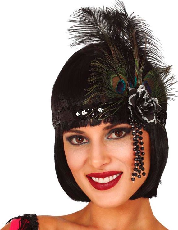 Zwarte Flapper Hoofdband met Pauwenveer