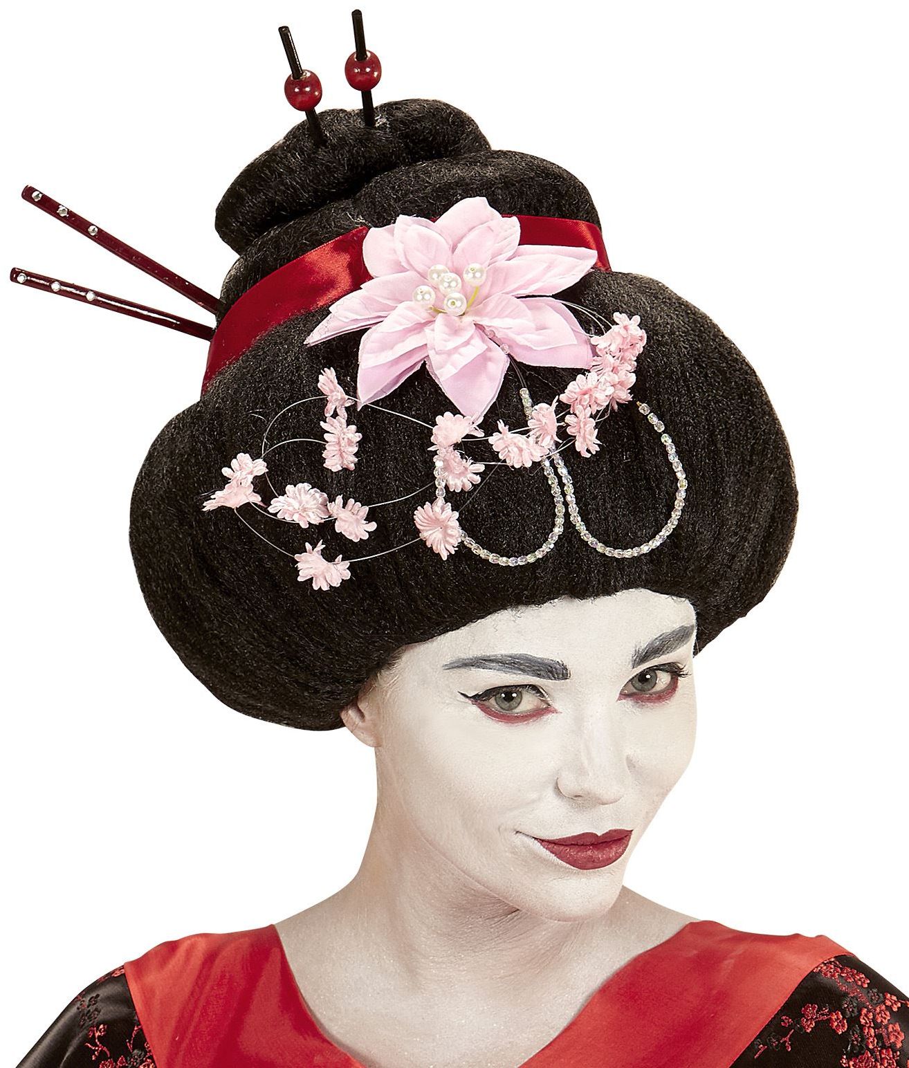 Zwarte Geisha Pruik met Bloem