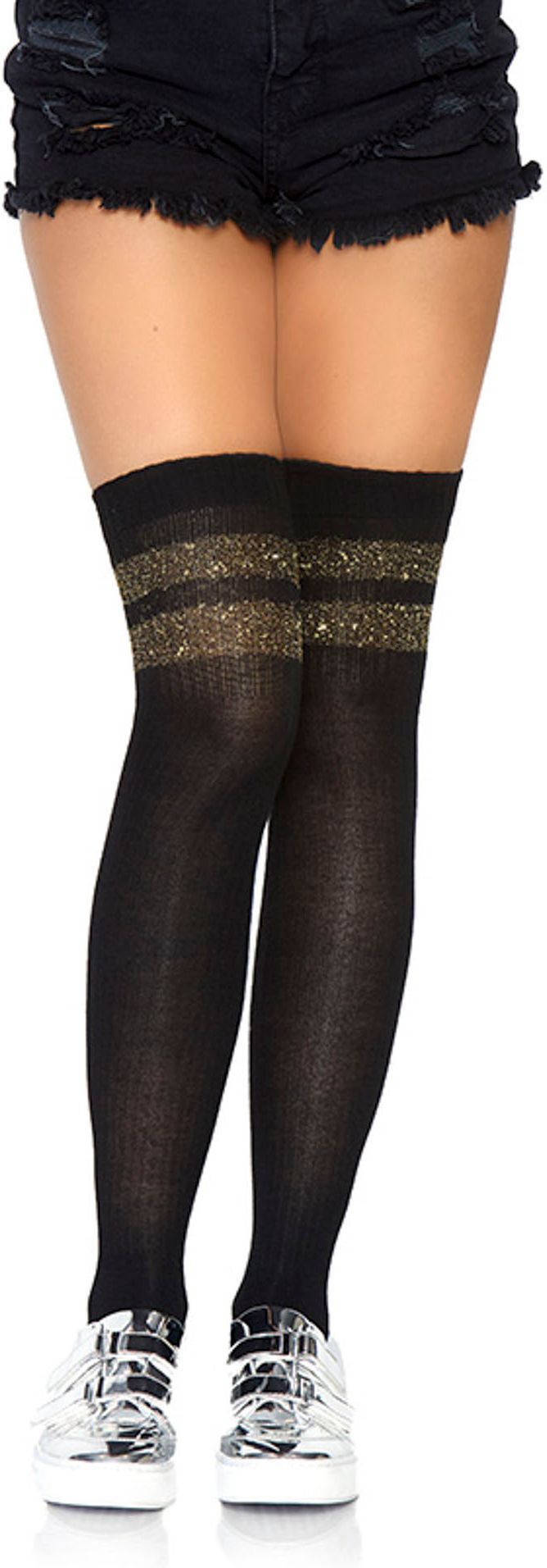 Zwarte Geribbelde Kousen met Gouden Strepen