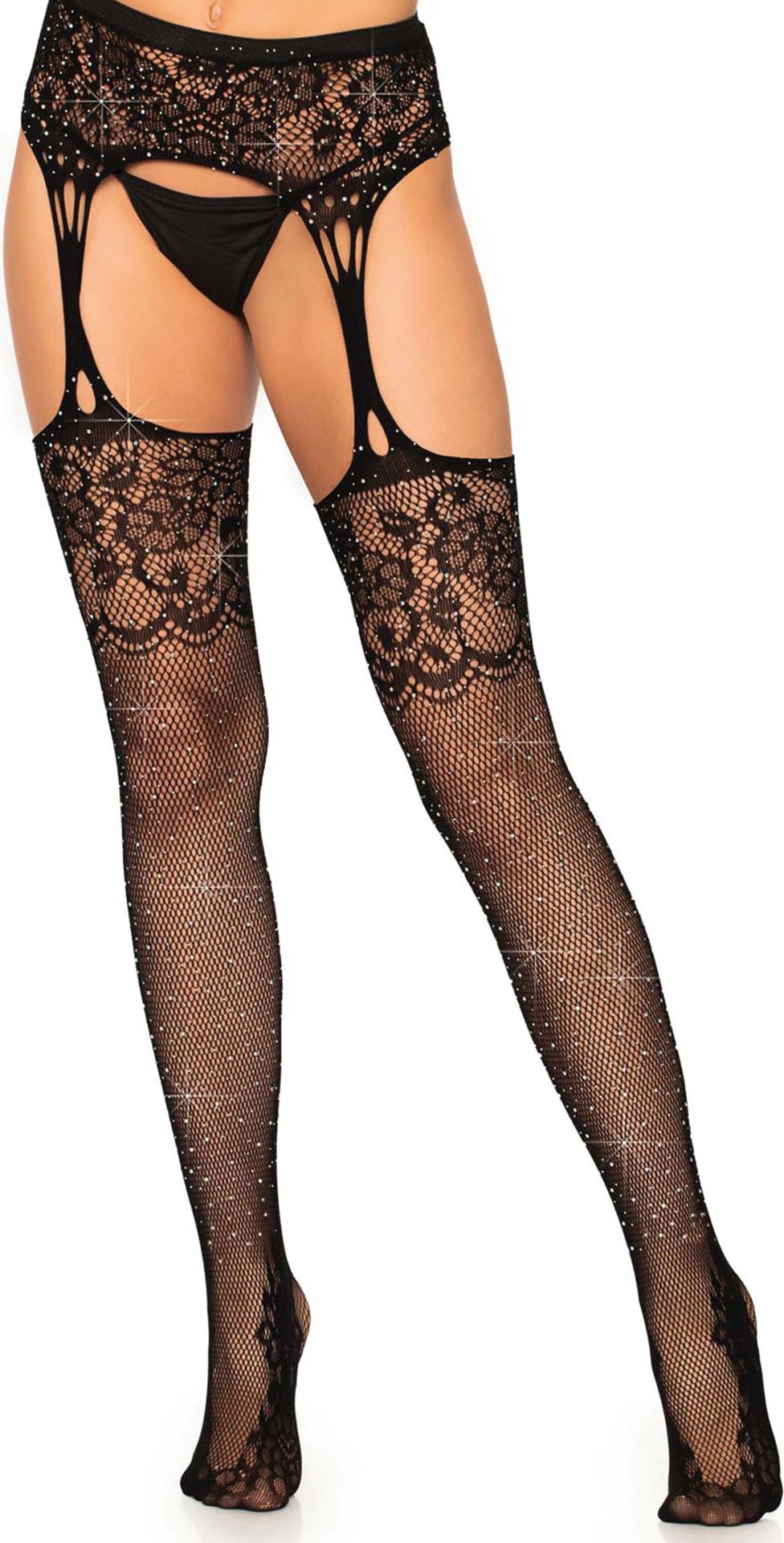 Zwarte Glitter Visnet Panty met Kanten Bloemen Effect