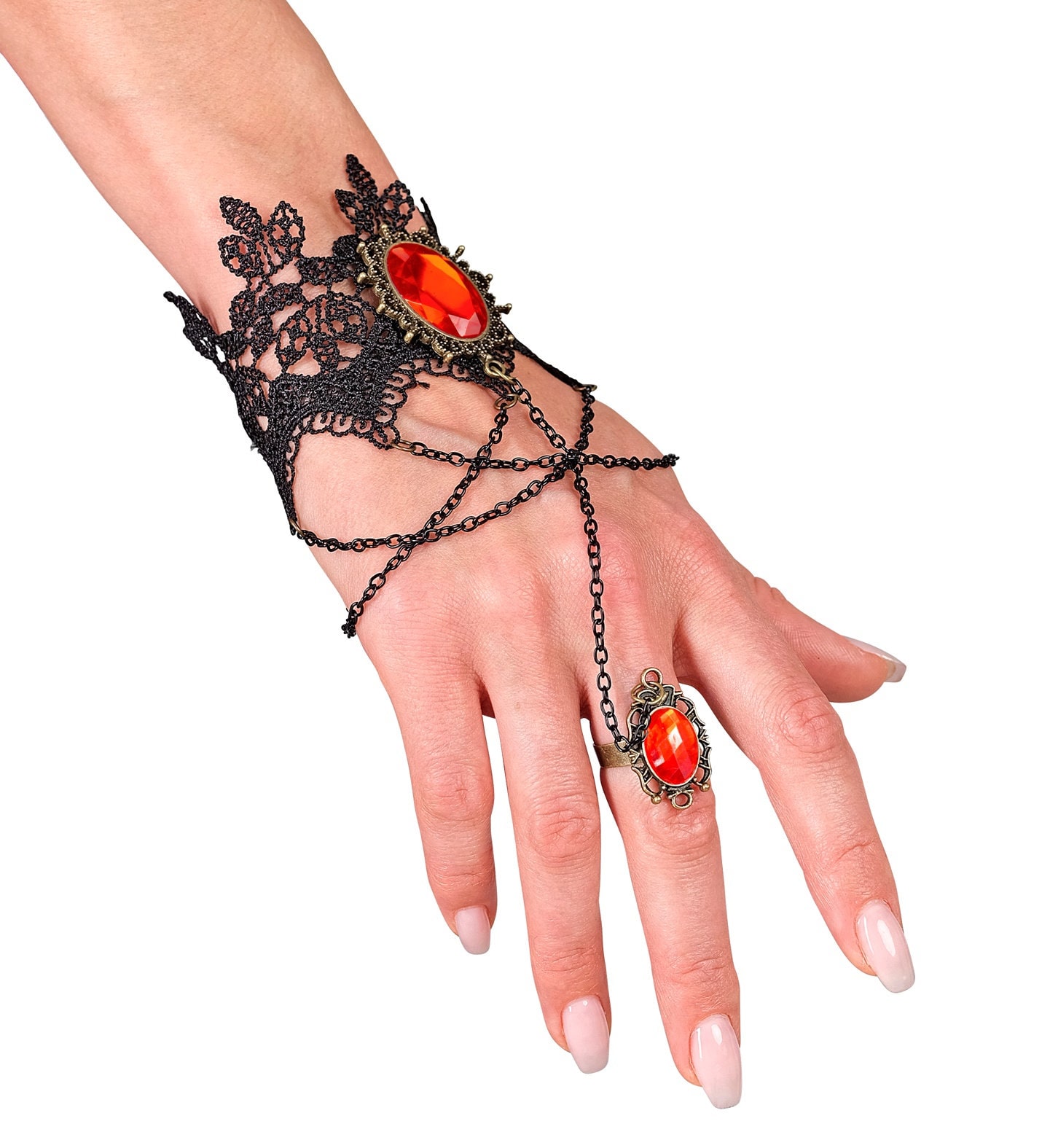 Zwarte Gothic Armband met Ring en Rode Stenen