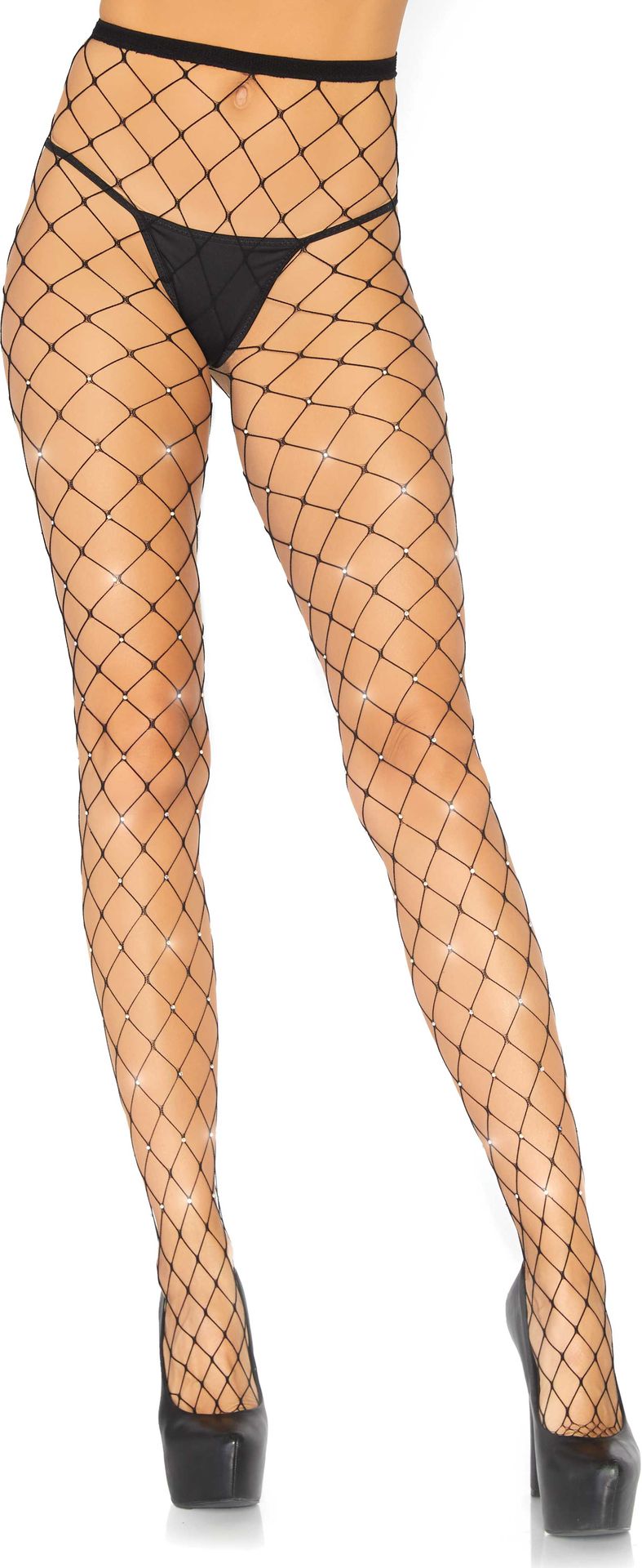 Zwarte Grote Mazen Netpanty met Strass Steentjes