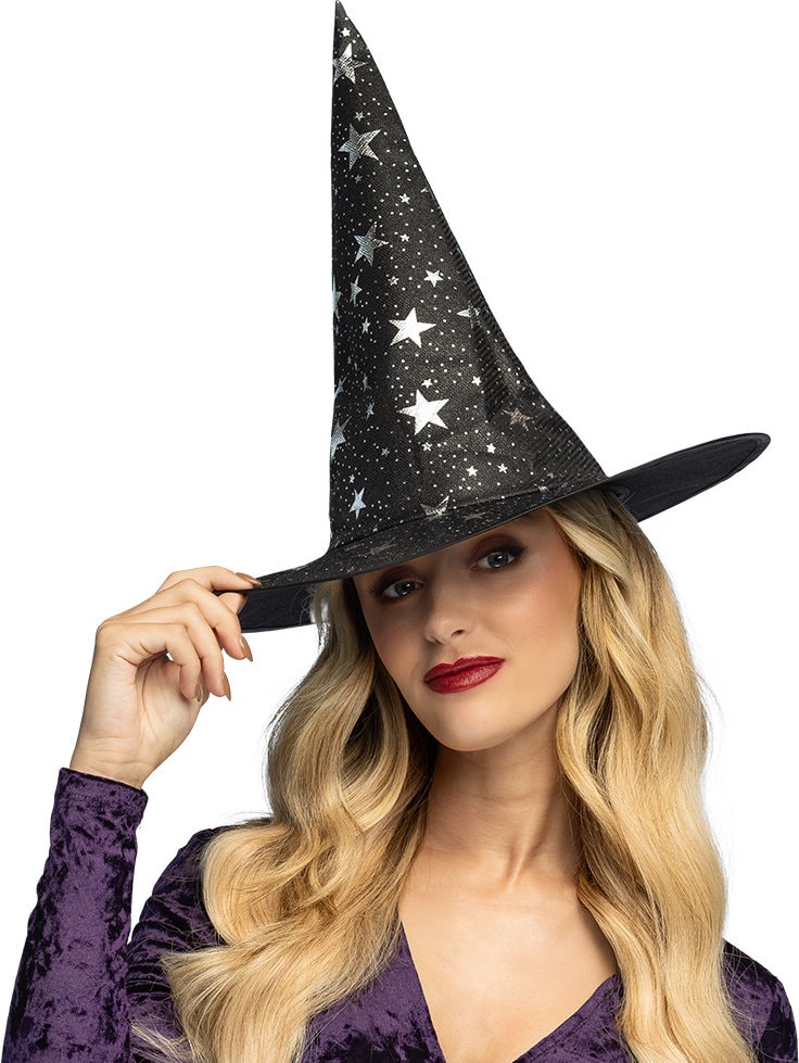 Zwarte Halloween Heksenhoed met Sterren