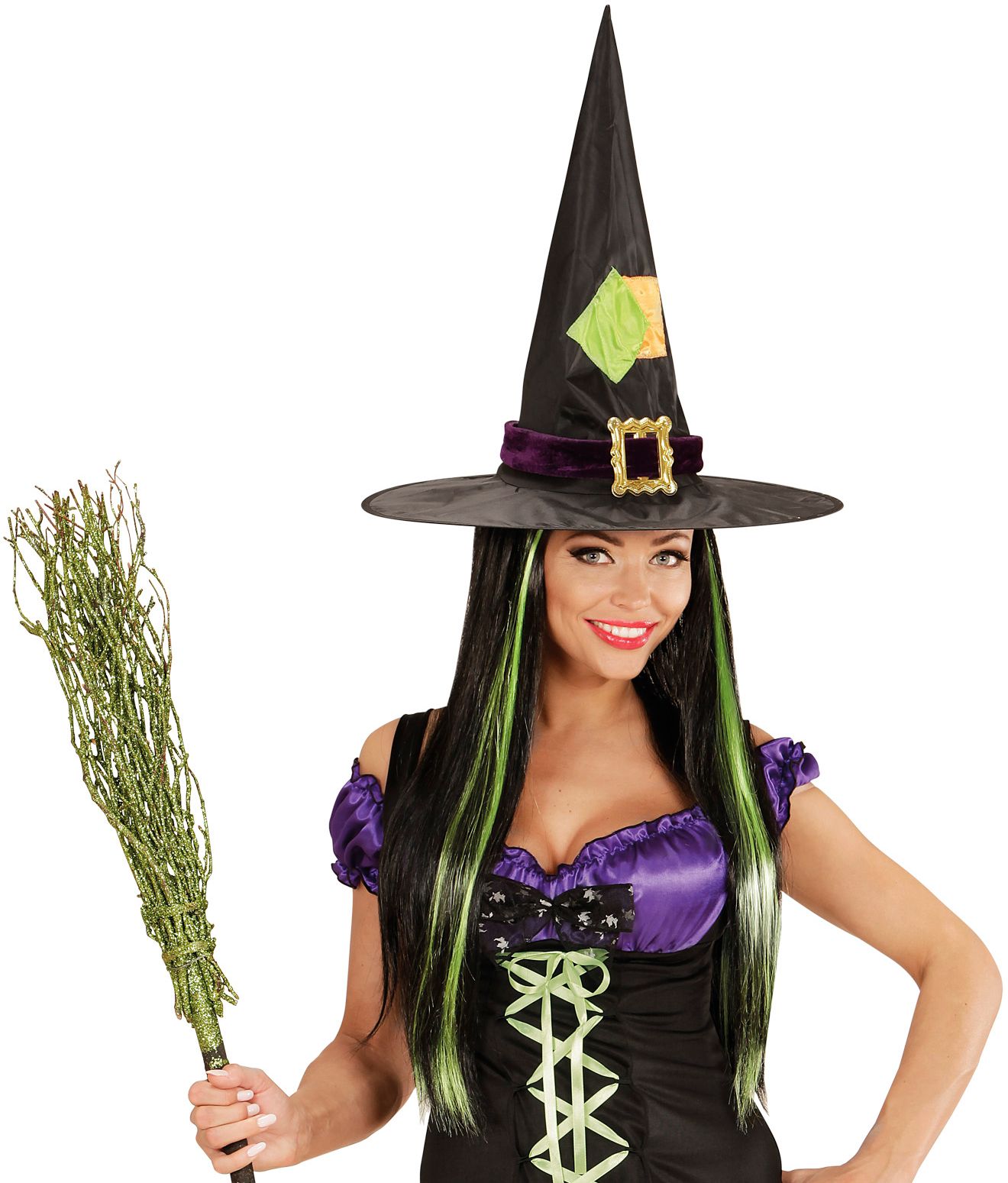 Zwarte Heksen Pruik met Groene Highlights