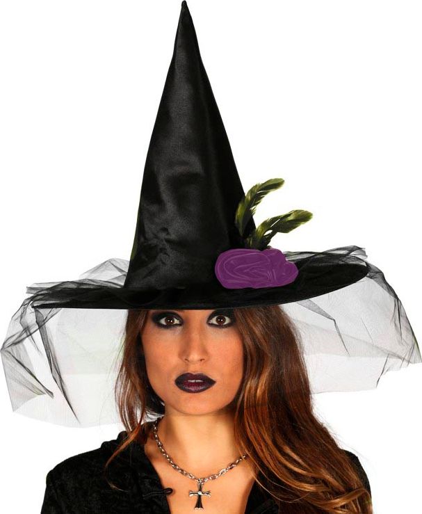 Zwarte Heksenhoed met Sluier Dames