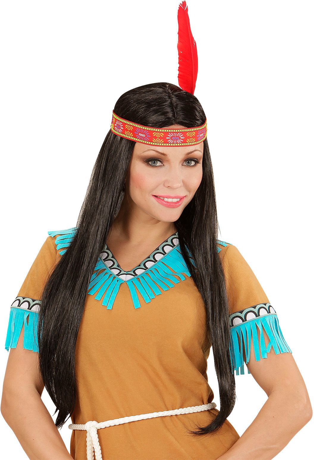 Zwarte Indianen Pruik met Hoofdband en Veer