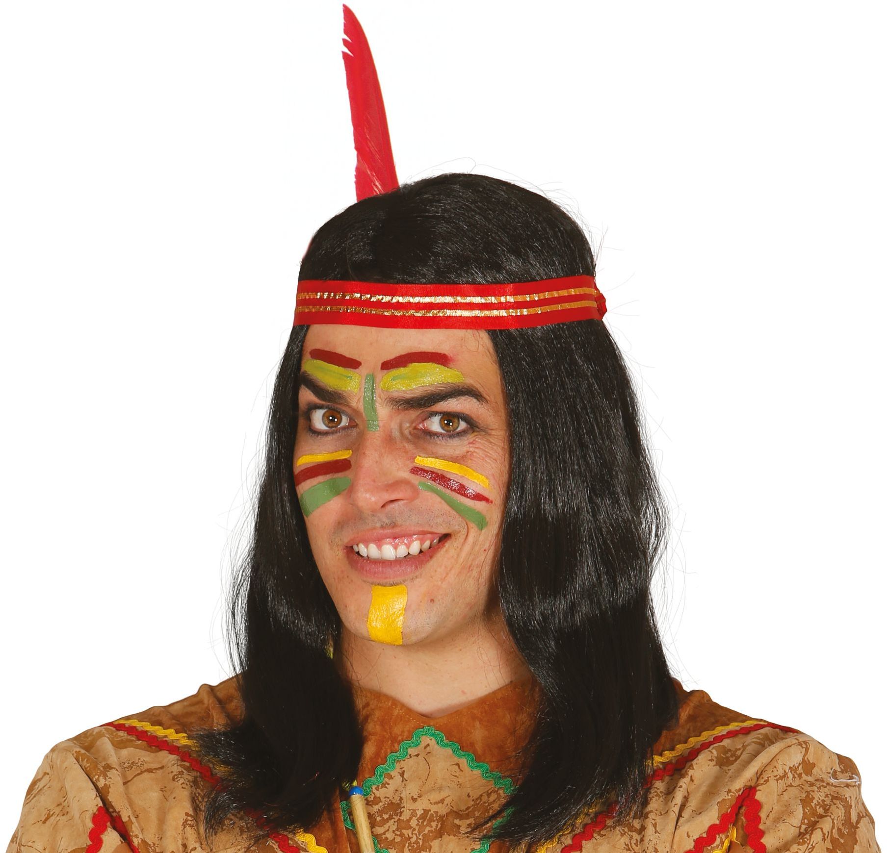 Zwarte Indianen Pruik met Veer