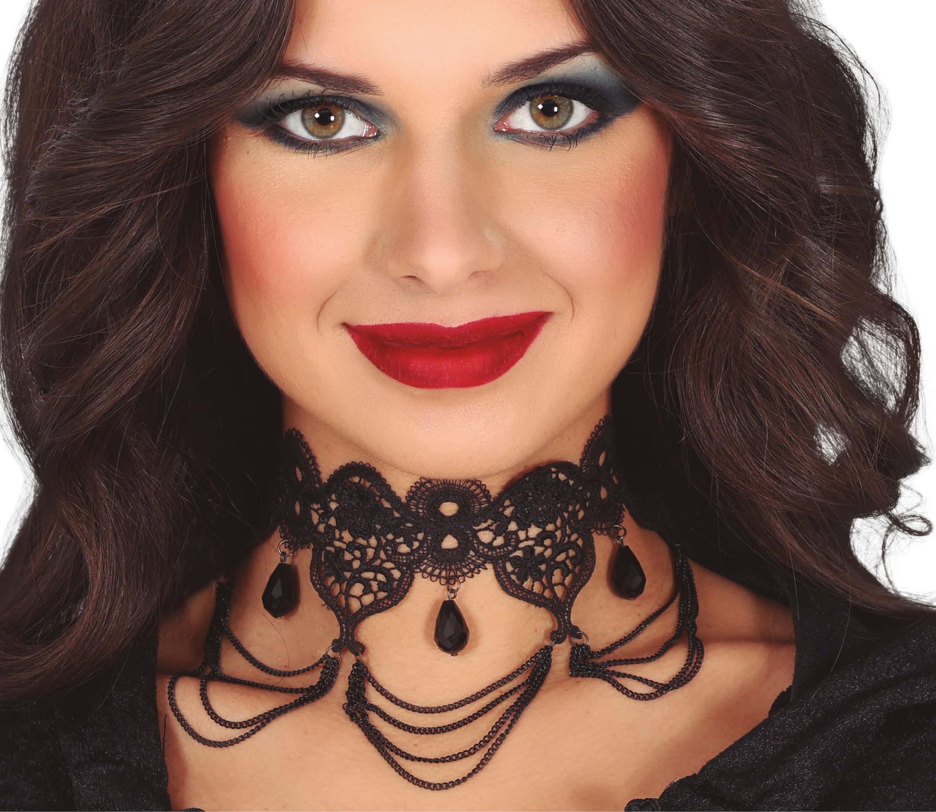 Zwarte Kant Effect Choker met Steentjes