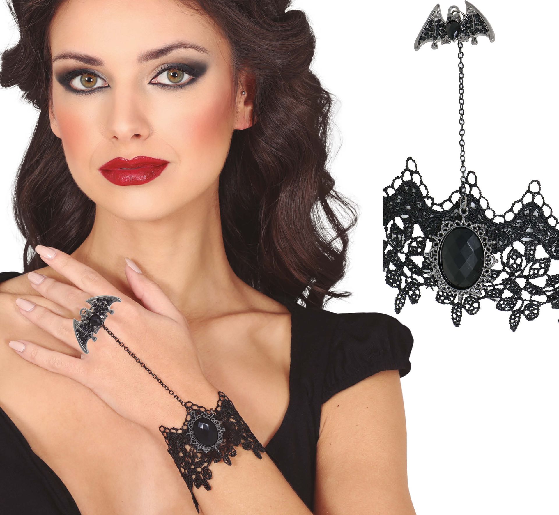 Zwarte Kanten Armband met Vleermuis Ring