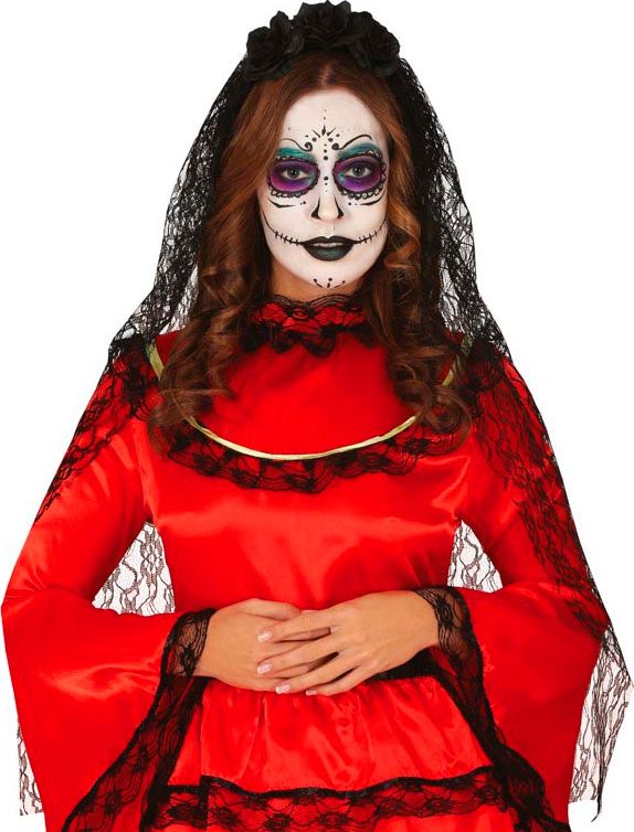 Zwarte Kanten Sluier met Bloemen