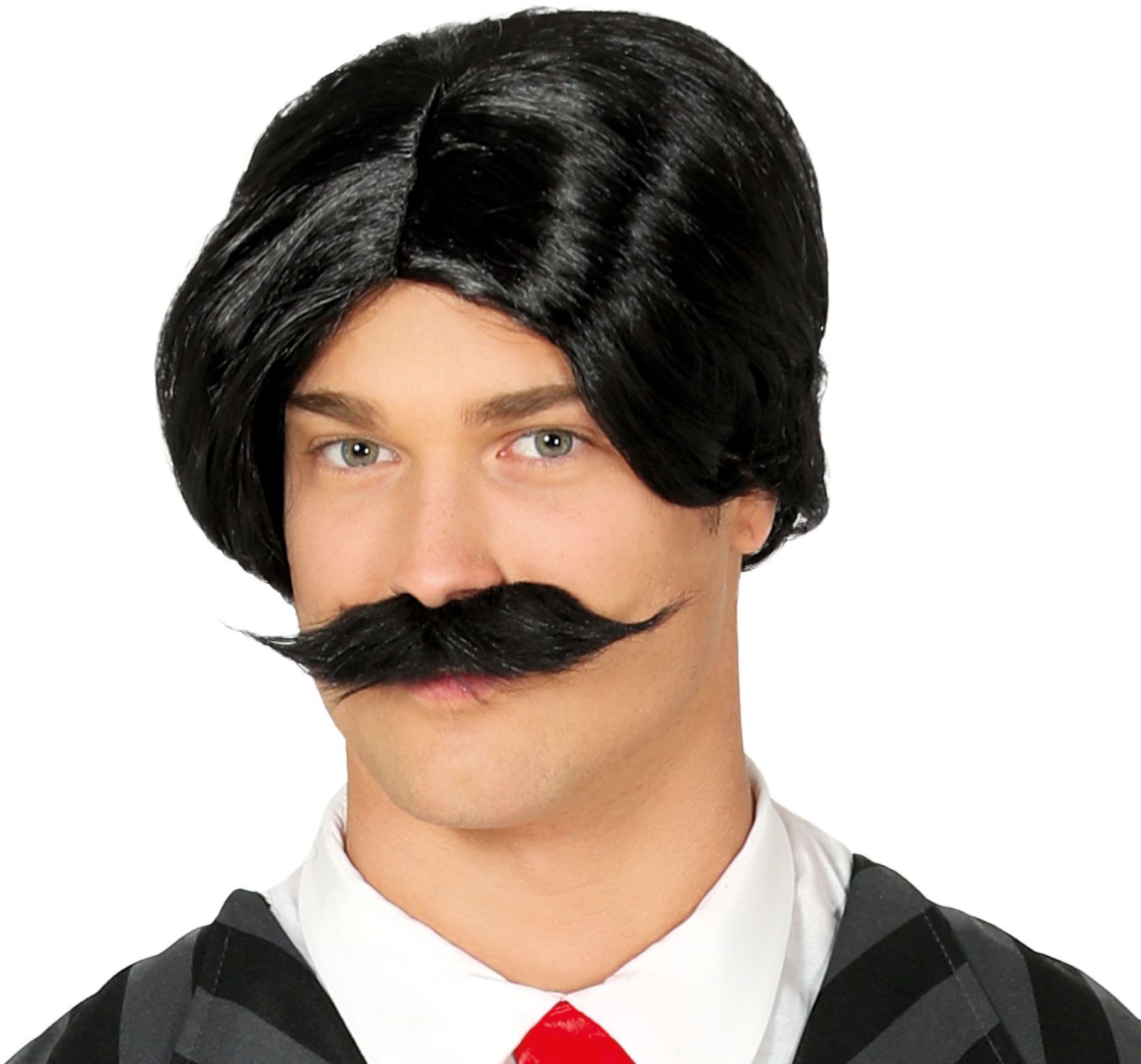 Zwarte Korte Pruik met Snor