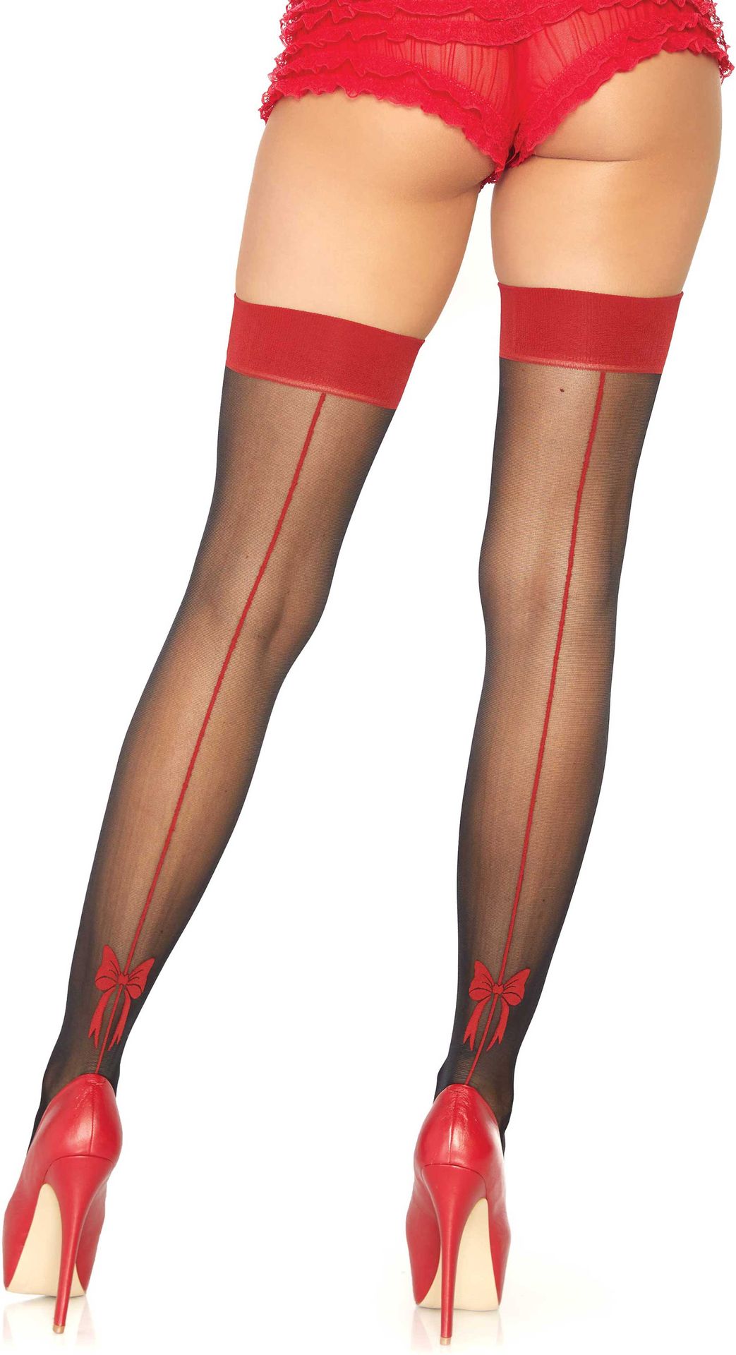 Zwarte Kousen met Rode Strik en Elegante Naad