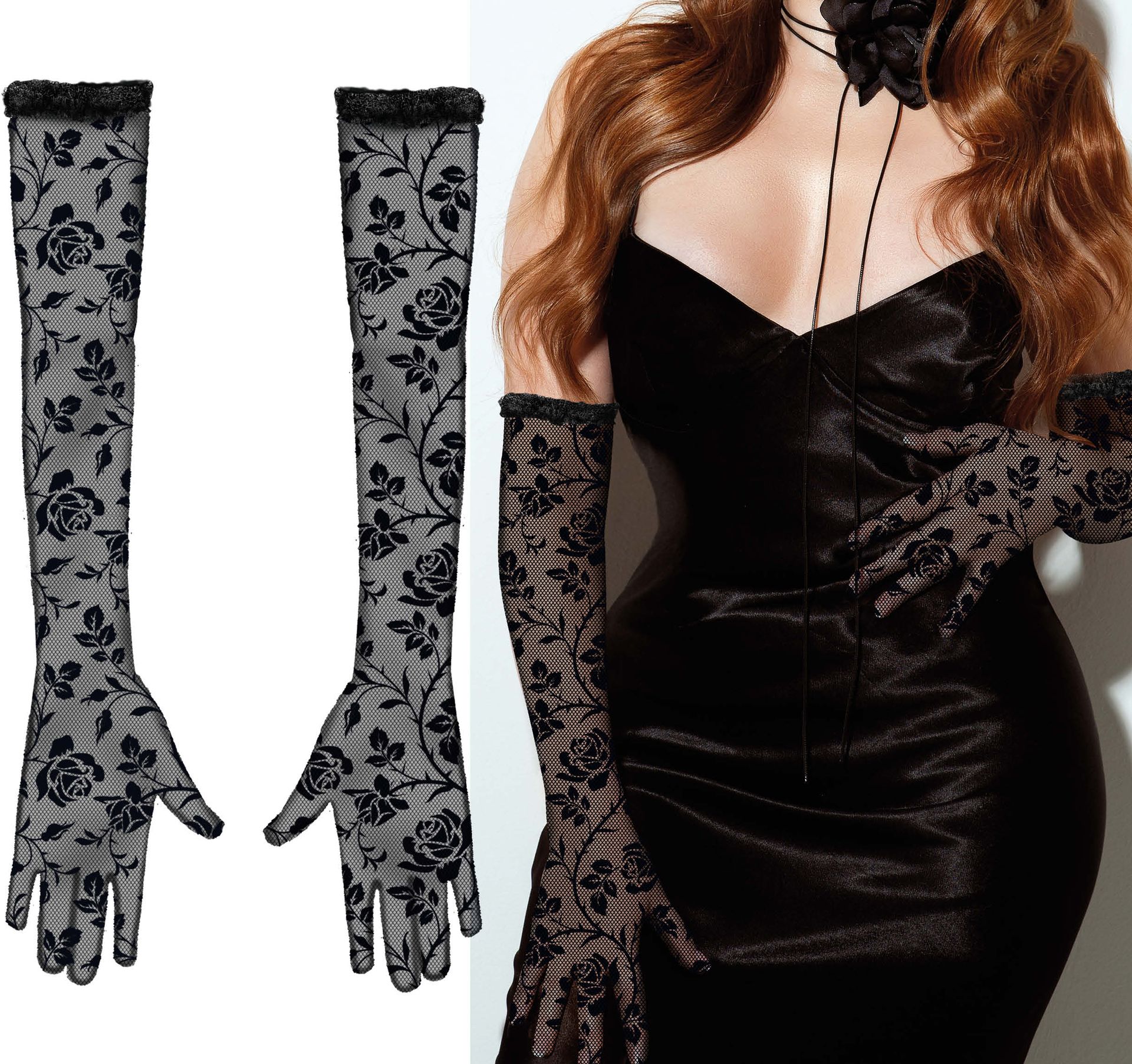 Zwarte Lange Handschoenen Kant Bloemen