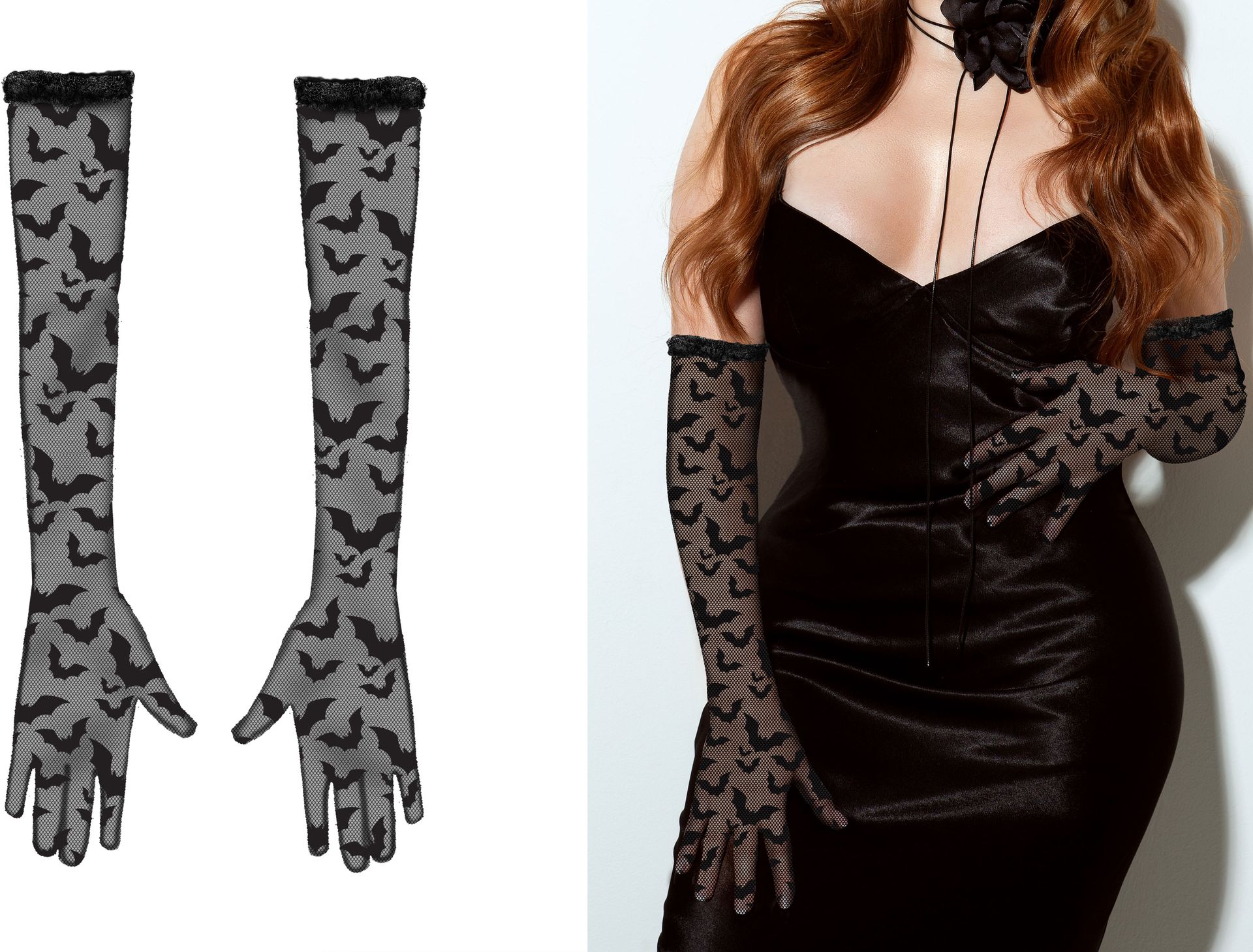 Zwarte Lange Handschoenen Kant Vleermuis