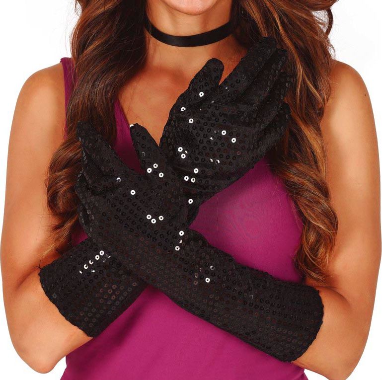 Zwarte Lange Pailletten Handschoenen