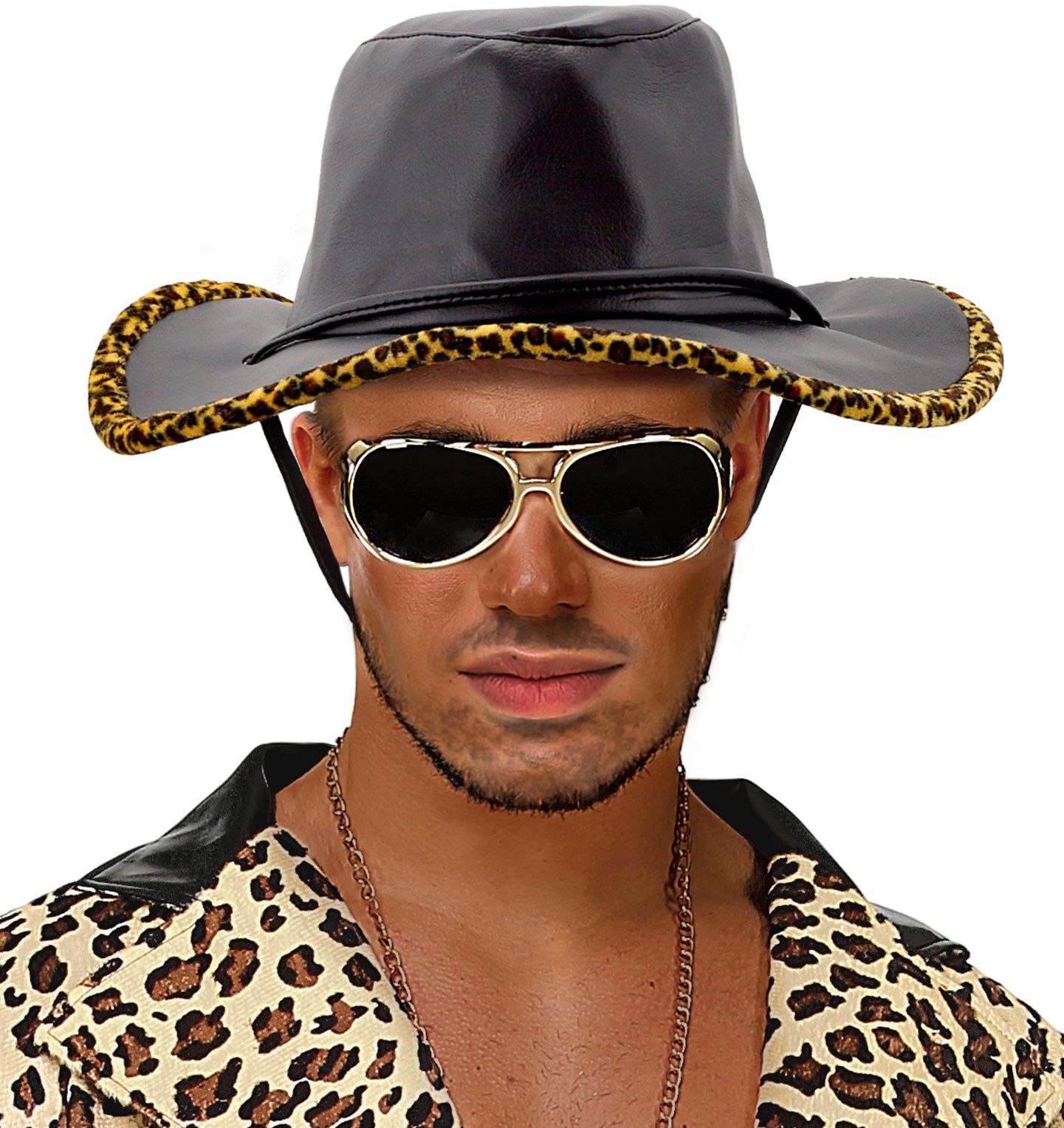 Zwarte Lederlook Cowboyhoed met Luipaard Print